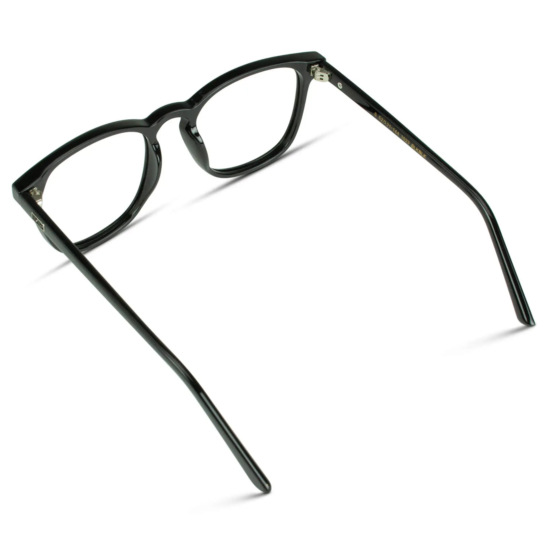 Black || Back view of Men's Square Prescription Glasses with Black Frame and Clear Lenses on a white background