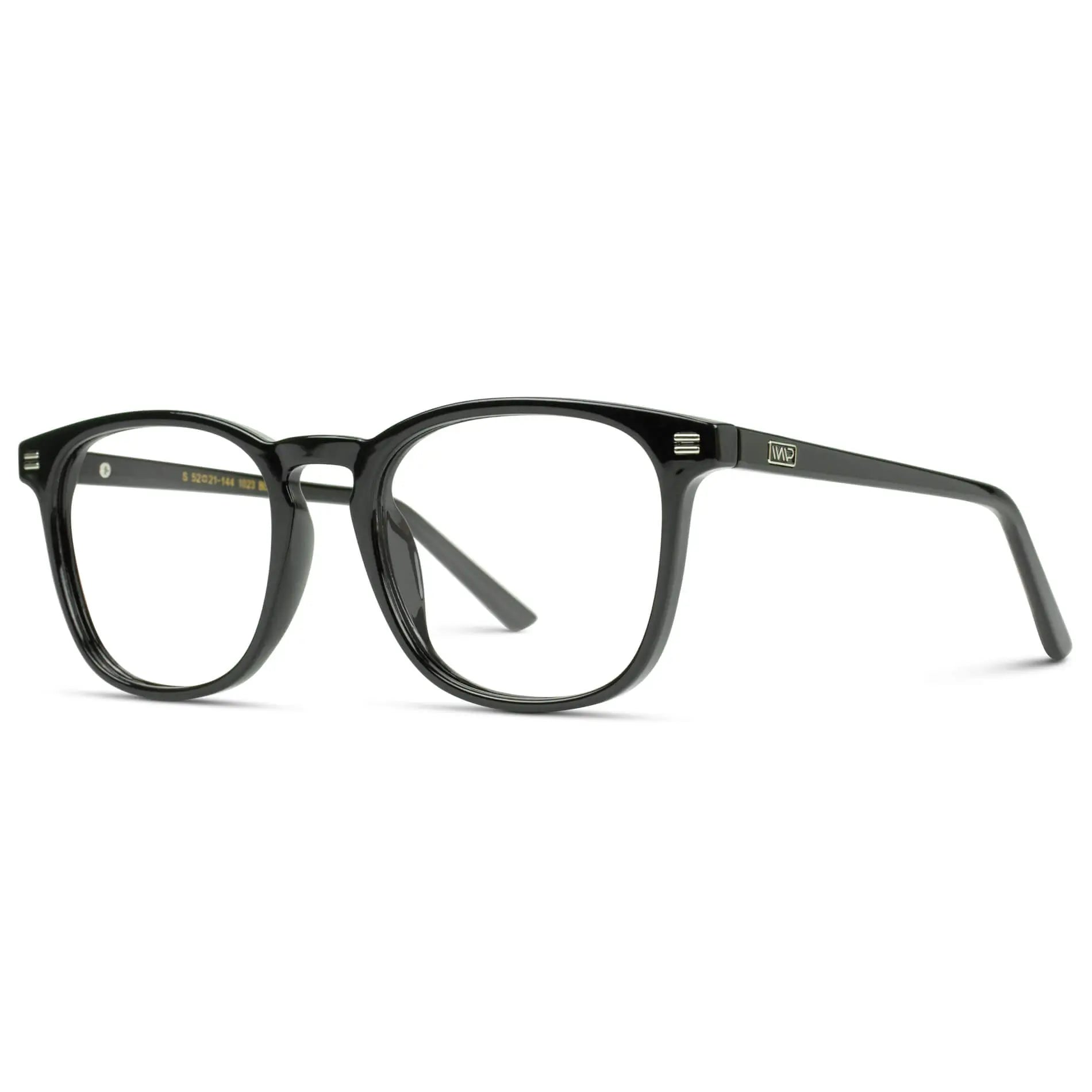 Black || Side view of Men's Square Prescription Glasses with Black Frame and Clear Lenses on a white background