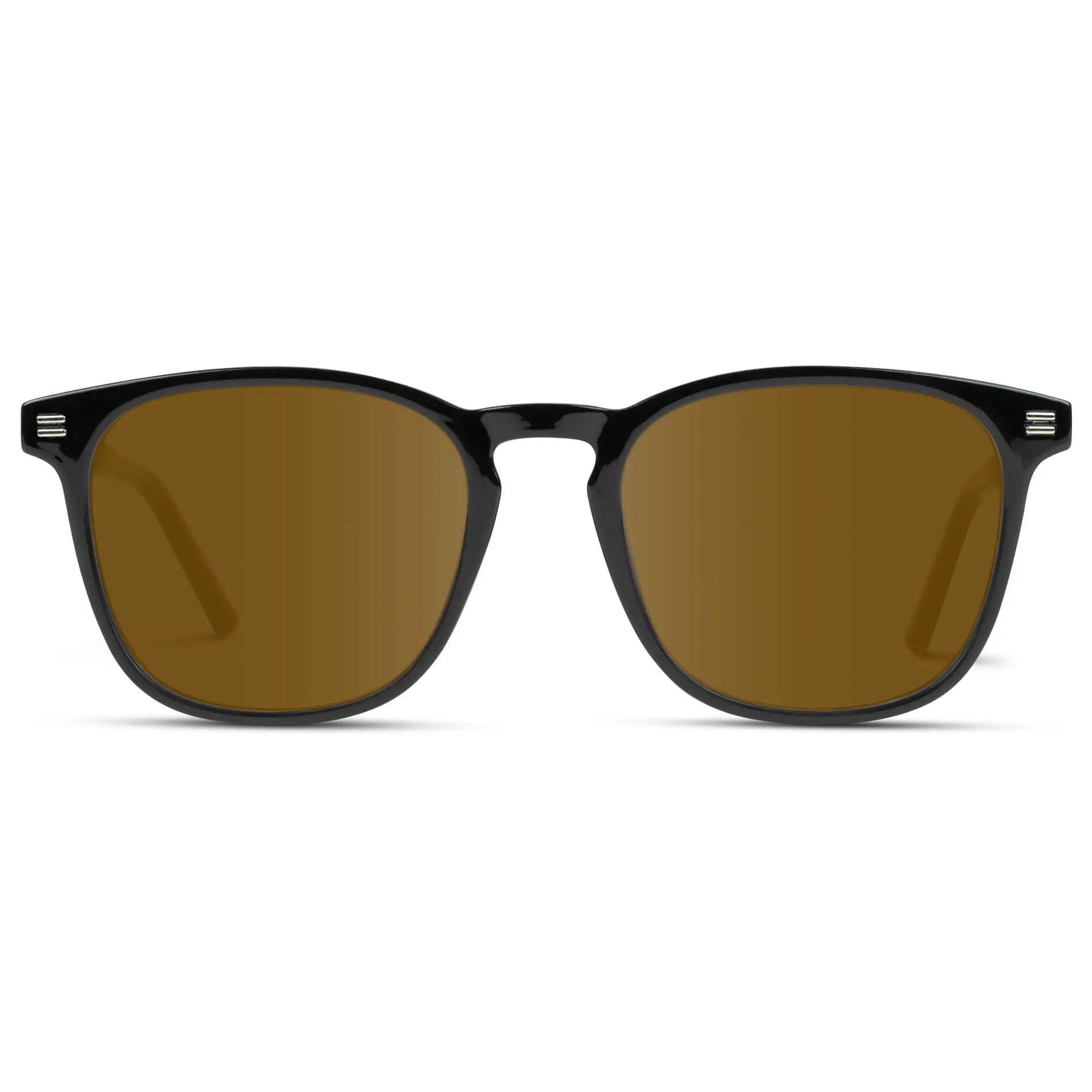 Black / Amber || Black Square Frame Prescription Sunglasses with Brown Lenses on a white background