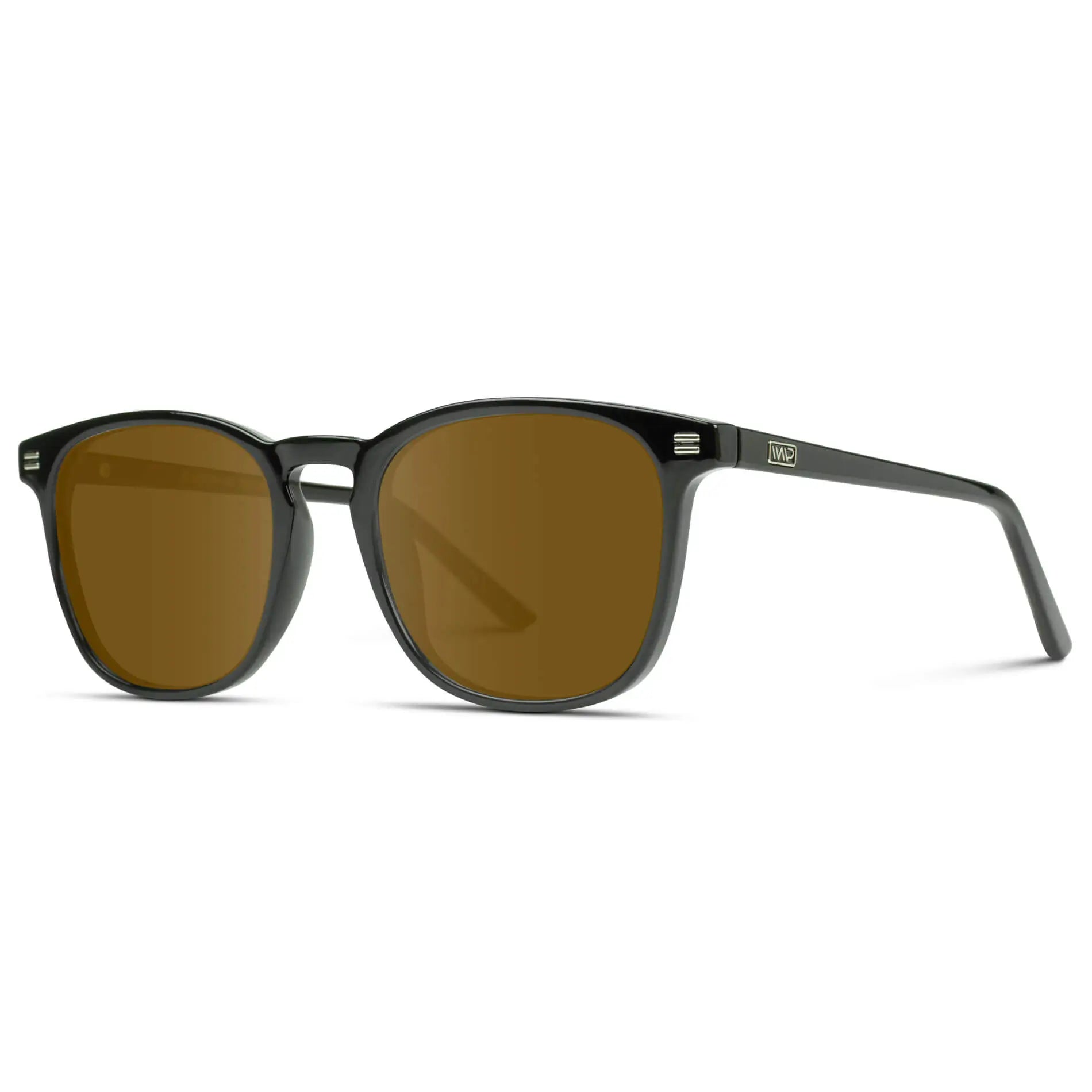 Black / Amber || Side view of Black Square Frame Prescription Sunglasses with Brown Lenses on a white background