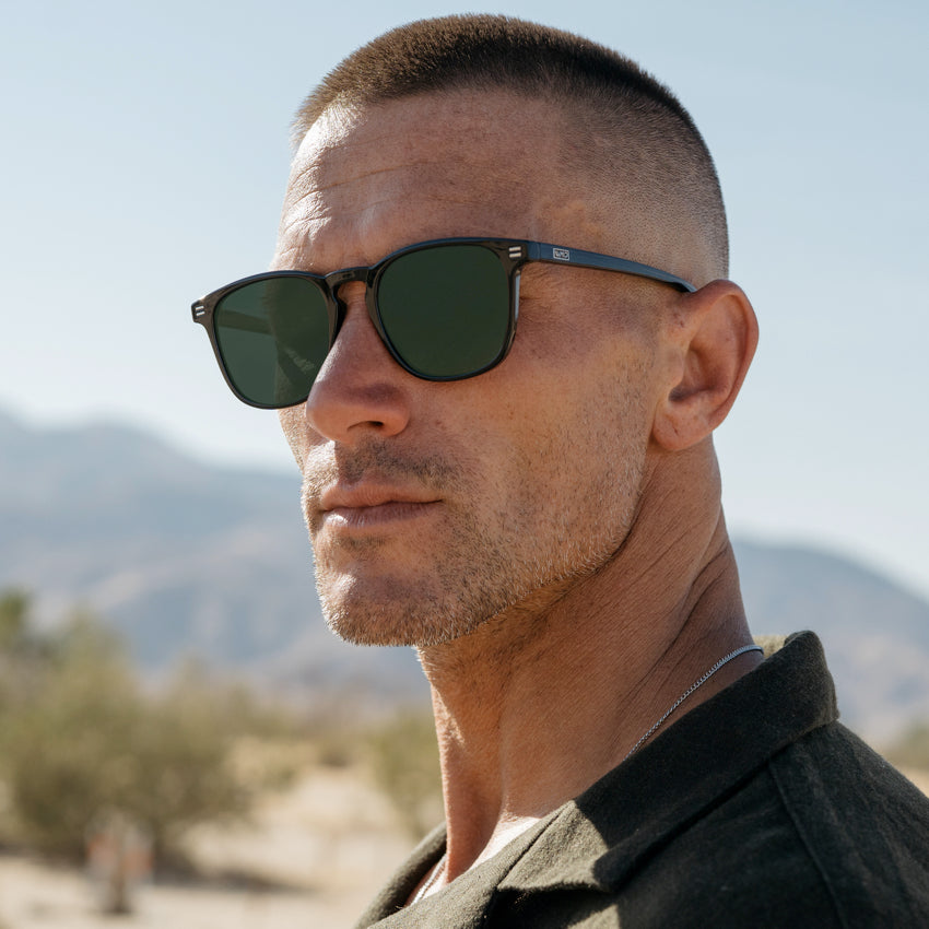 Black / G15 Lens || Black Square Frame Prescription Sunglasses with Green Lenses