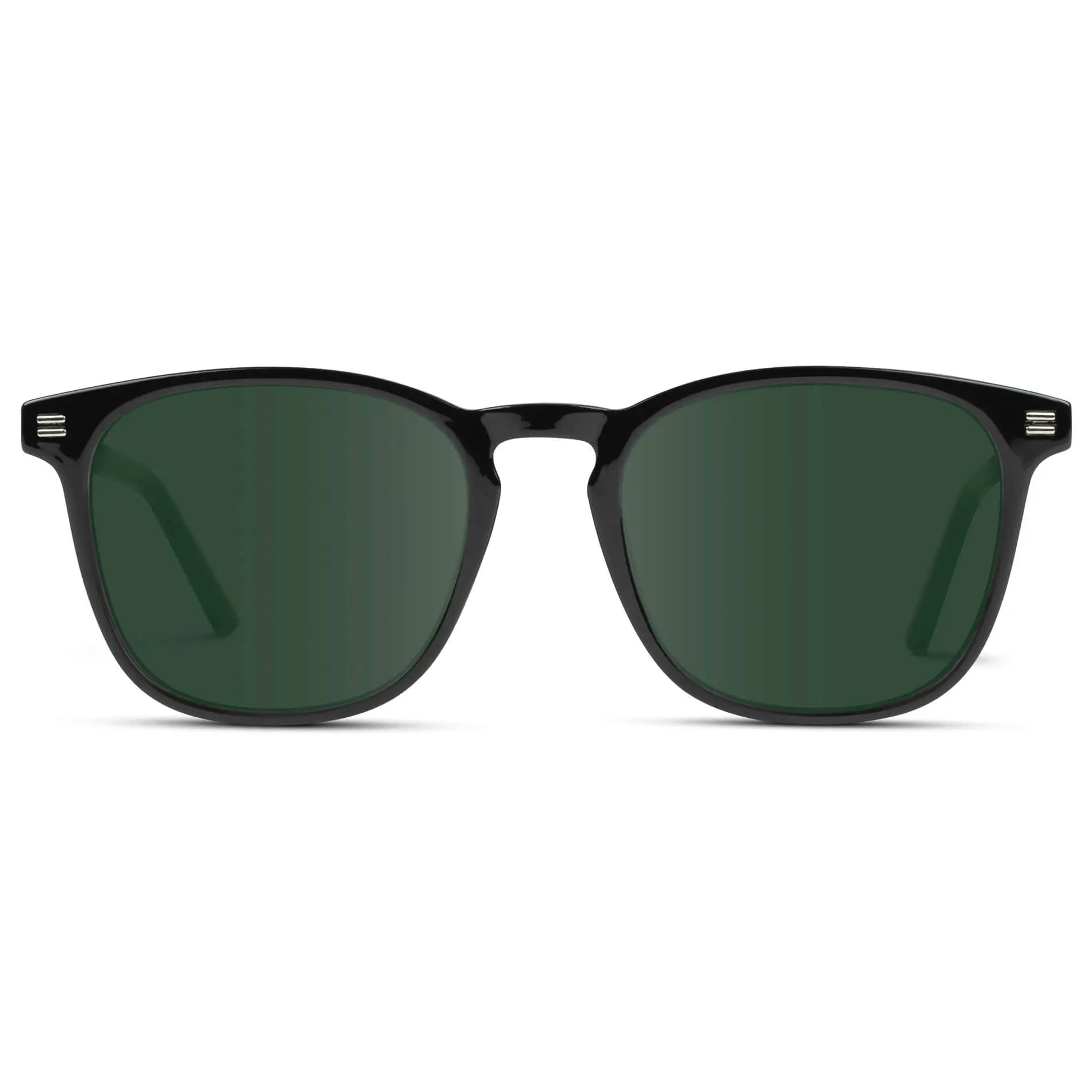 Black / G15 || Black Square Frame Prescription Sunglasses with Green Lenses on a white background