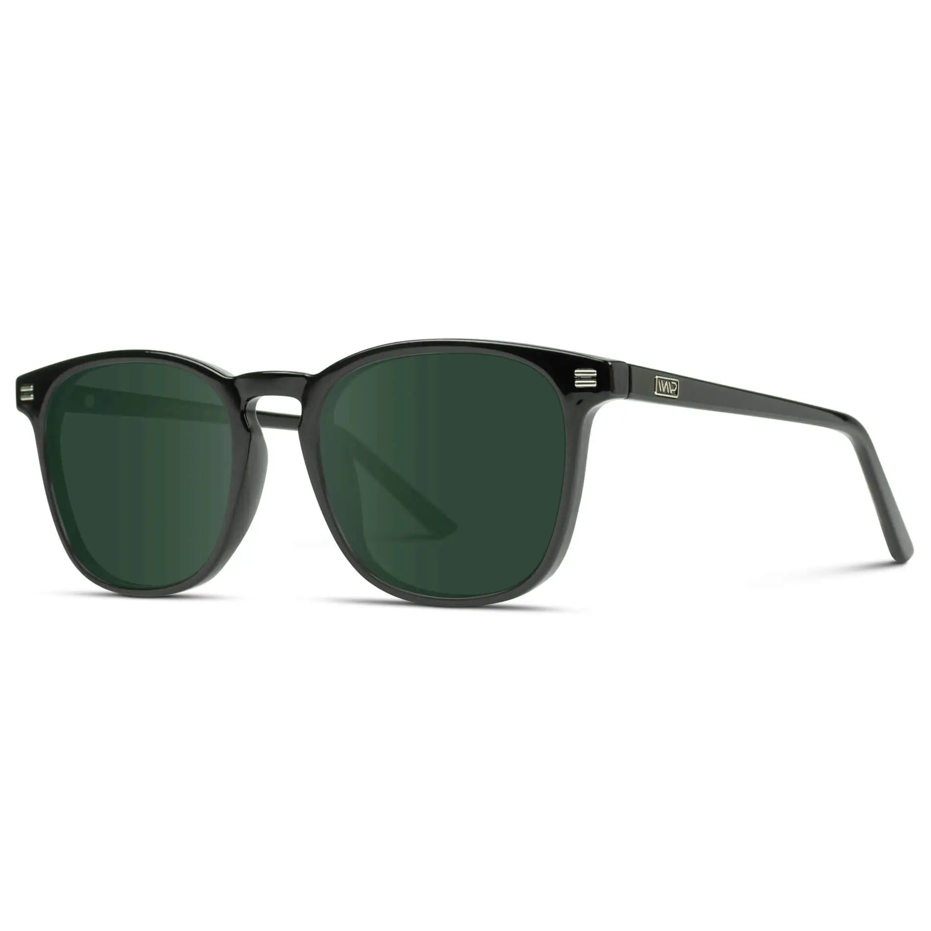 Black / G15 || Side view of Black Square Frame Prescription Sunglasses with Green Lenses on a white background
