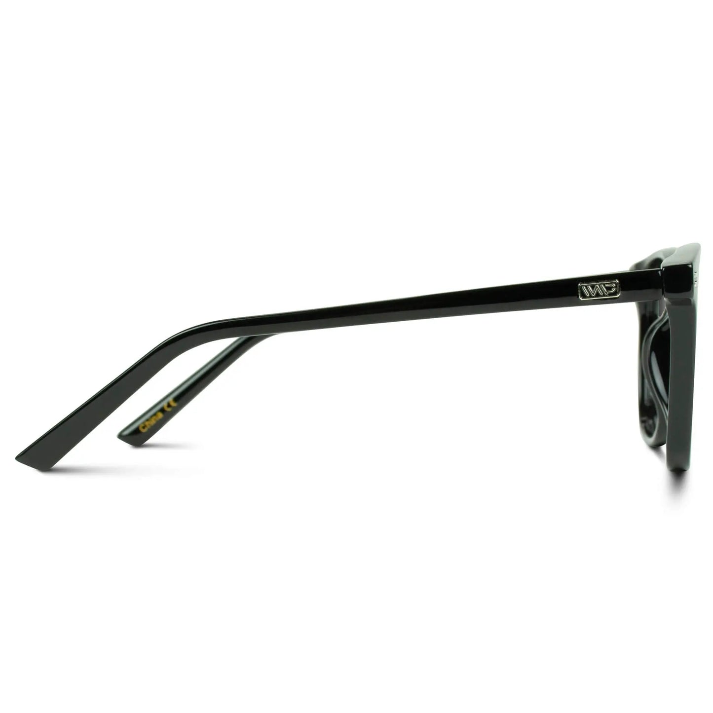 Black / Grey || Temple view of Black Square Frame Prescription Sunglasses with Grey Lenses on a white background