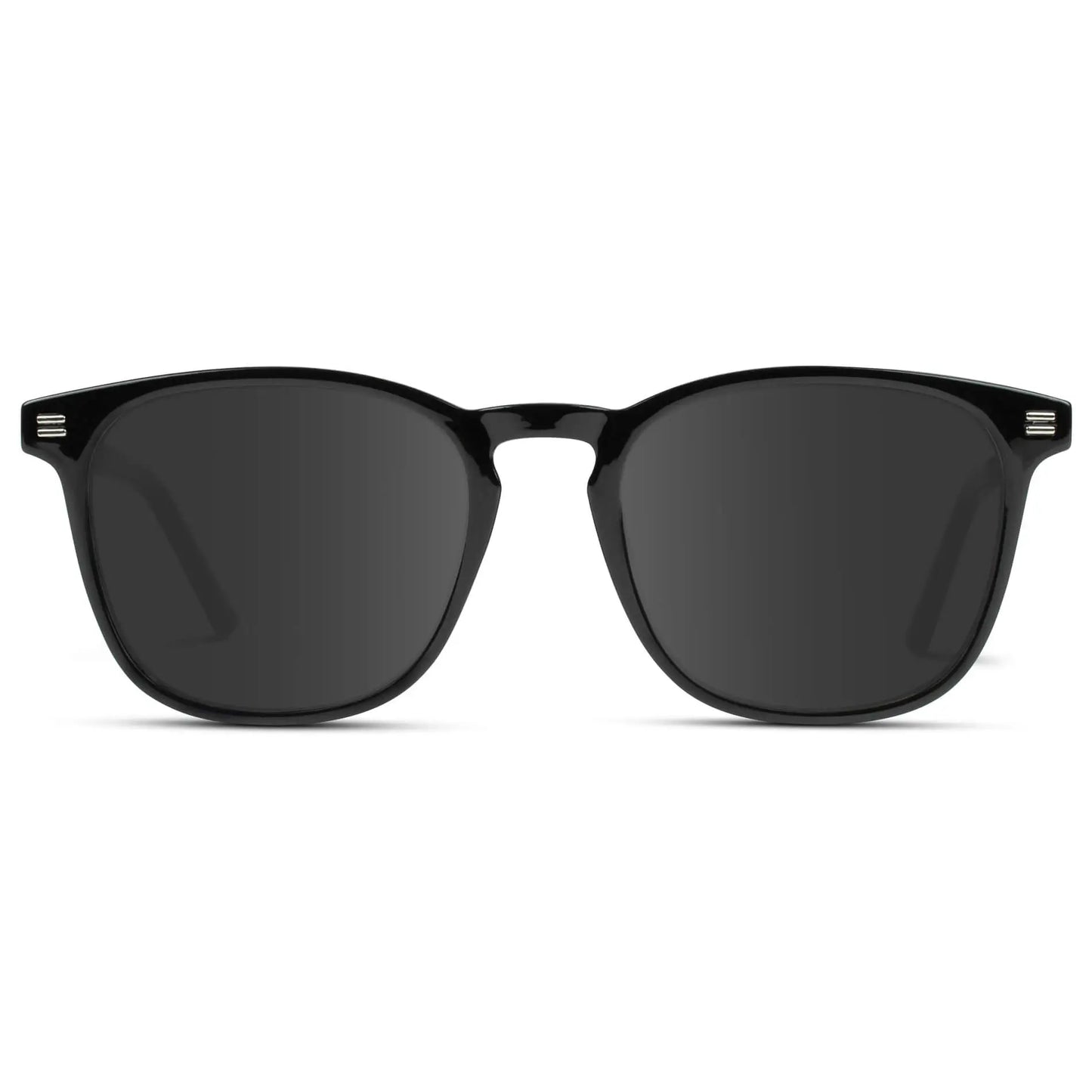 Black / Grey || Black Square Frame Prescription Sunglasses with Grey Lenses on a white background