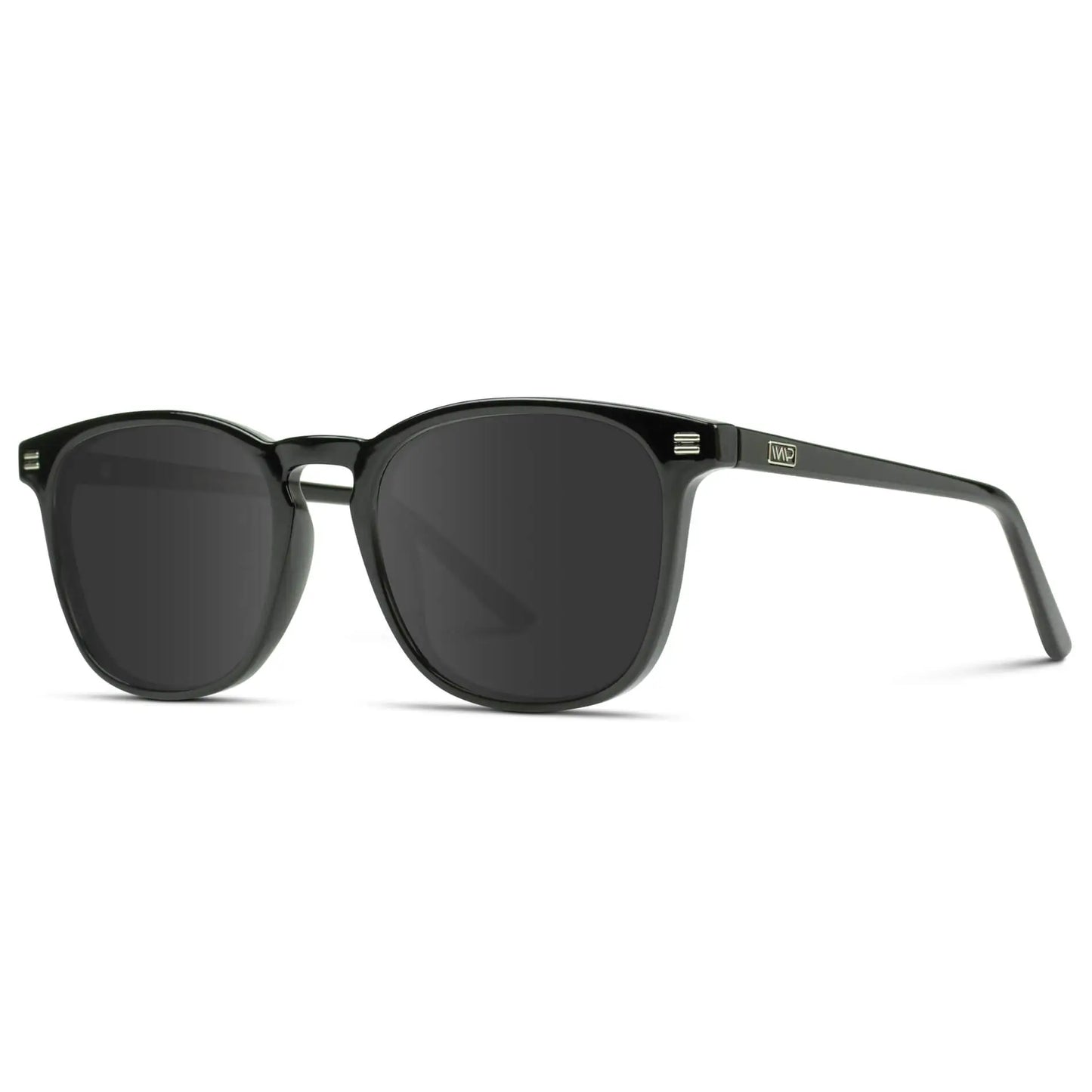 Black / Grey || Side view of Black Square Frame Prescription Sunglasses with Grey Lenses on a white background