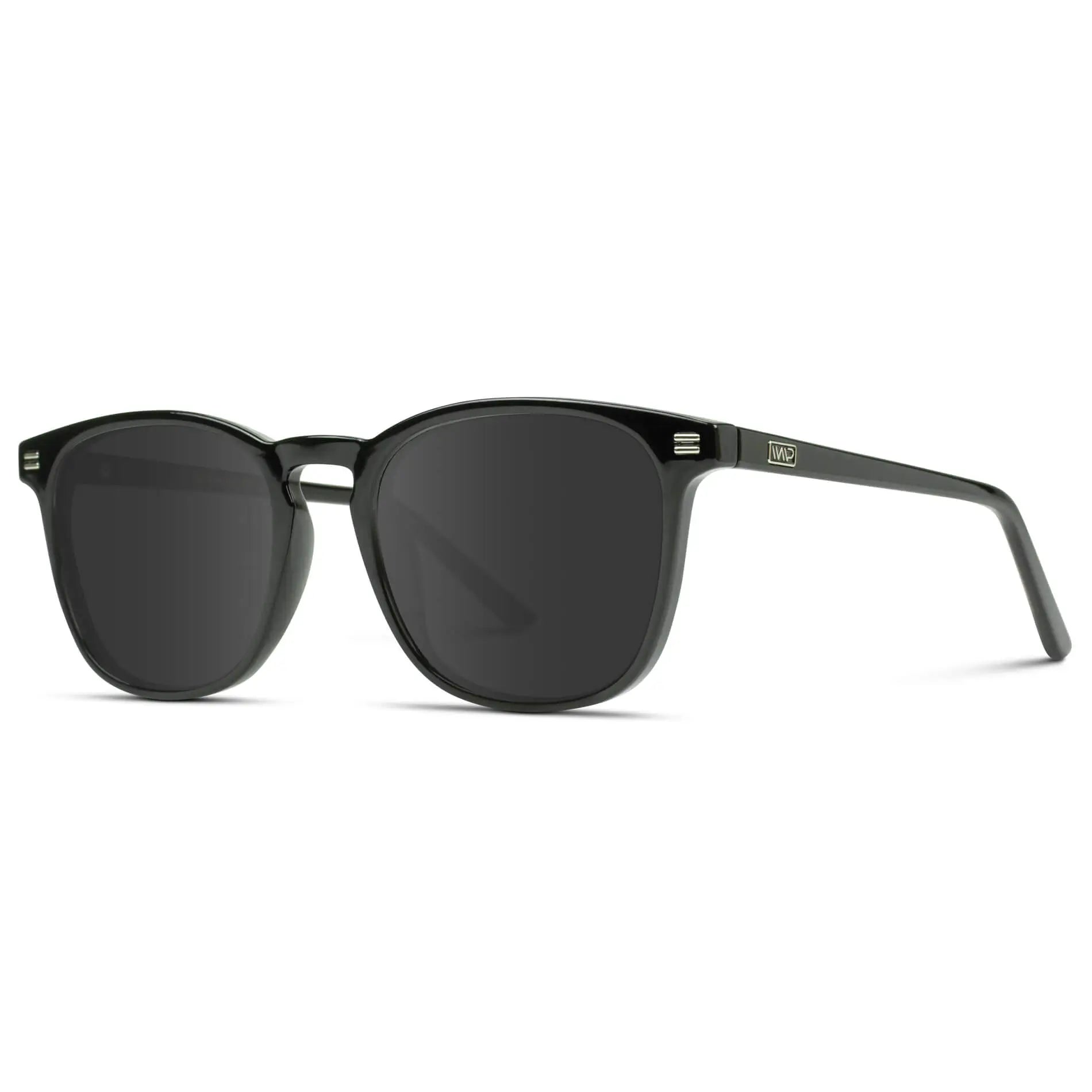 Black / Grey || Side view of Black Square Frame Prescription Sunglasses with Grey Lenses on a white background