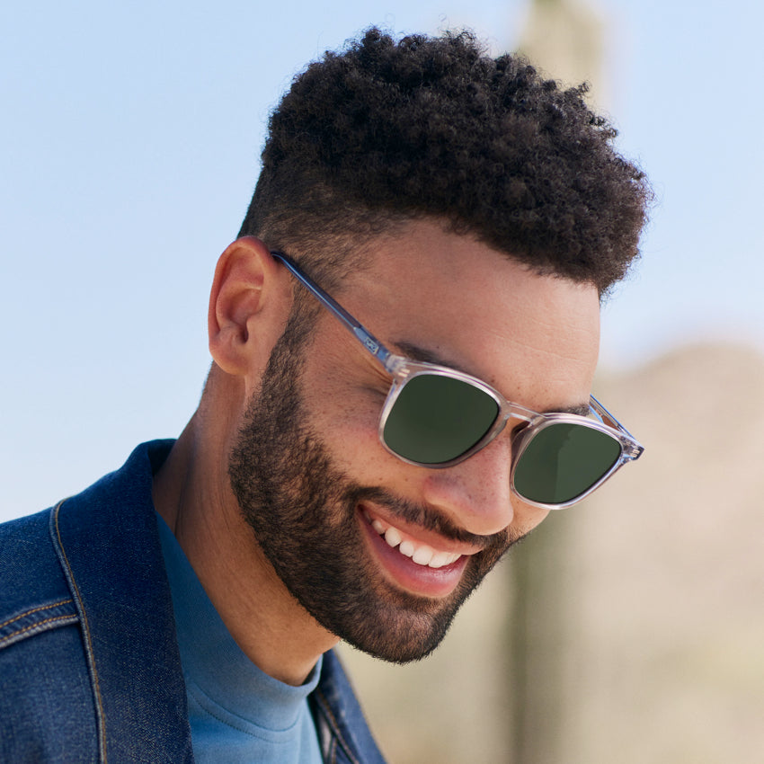 Crystal Cadet Grey / G15 Lens || Grey Square Frame Prescription Sunglasses with Green Lenses