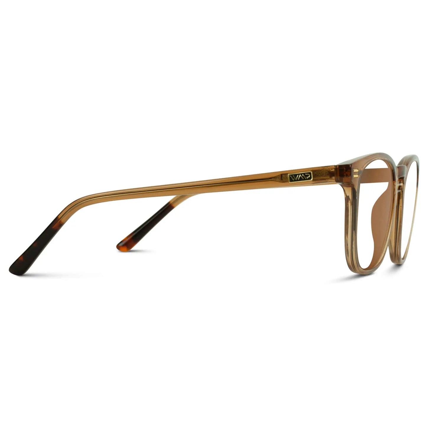 Crystal Brown || Temple view of Men's Square Prescription Glasses with Crystal Brown Frame and Clear Lenses on a white background