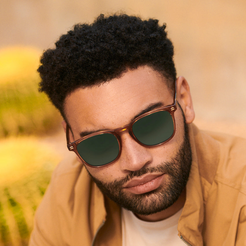 Crystal Brown / G15 Lens || Brown Square Frame Prescription Sunglasses with Green Lenses