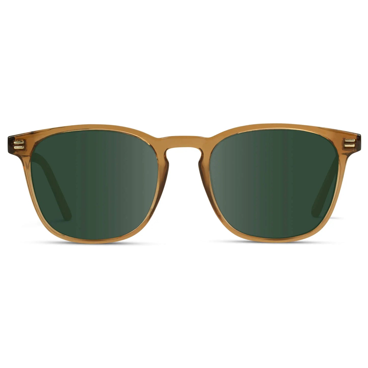 Crystal Brown / G15 || Brown Square Frame Prescription Sunglasses with Green Lenses on a white background