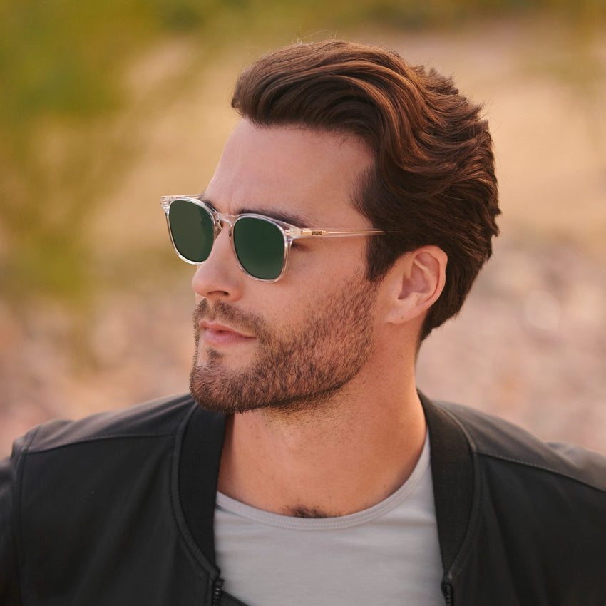 Clear / G15 Lens || Clear Square Frame Prescription Sunglasses with Green Lenses