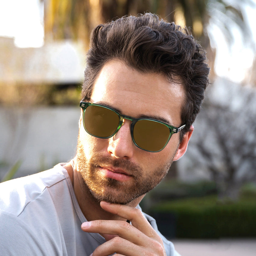 Emerald Green / Amber Lens || Green Square Frame Prescription Sunglasses with Brown Lenses