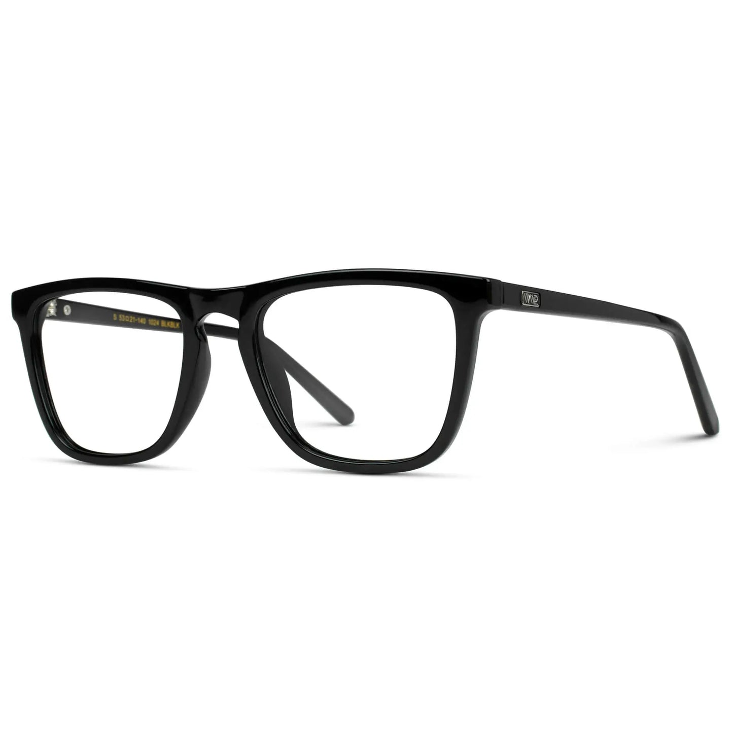Black || Side view of Men's Square Prescription Glasses with Black Frame and Clear Lenses on a white background
