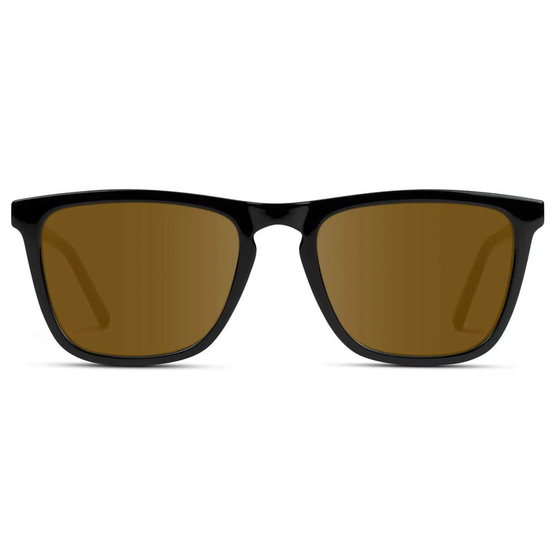 Black / Amber || Men's Square Prescription Sunglasses with Black Frame and Amber Lenses on a white background