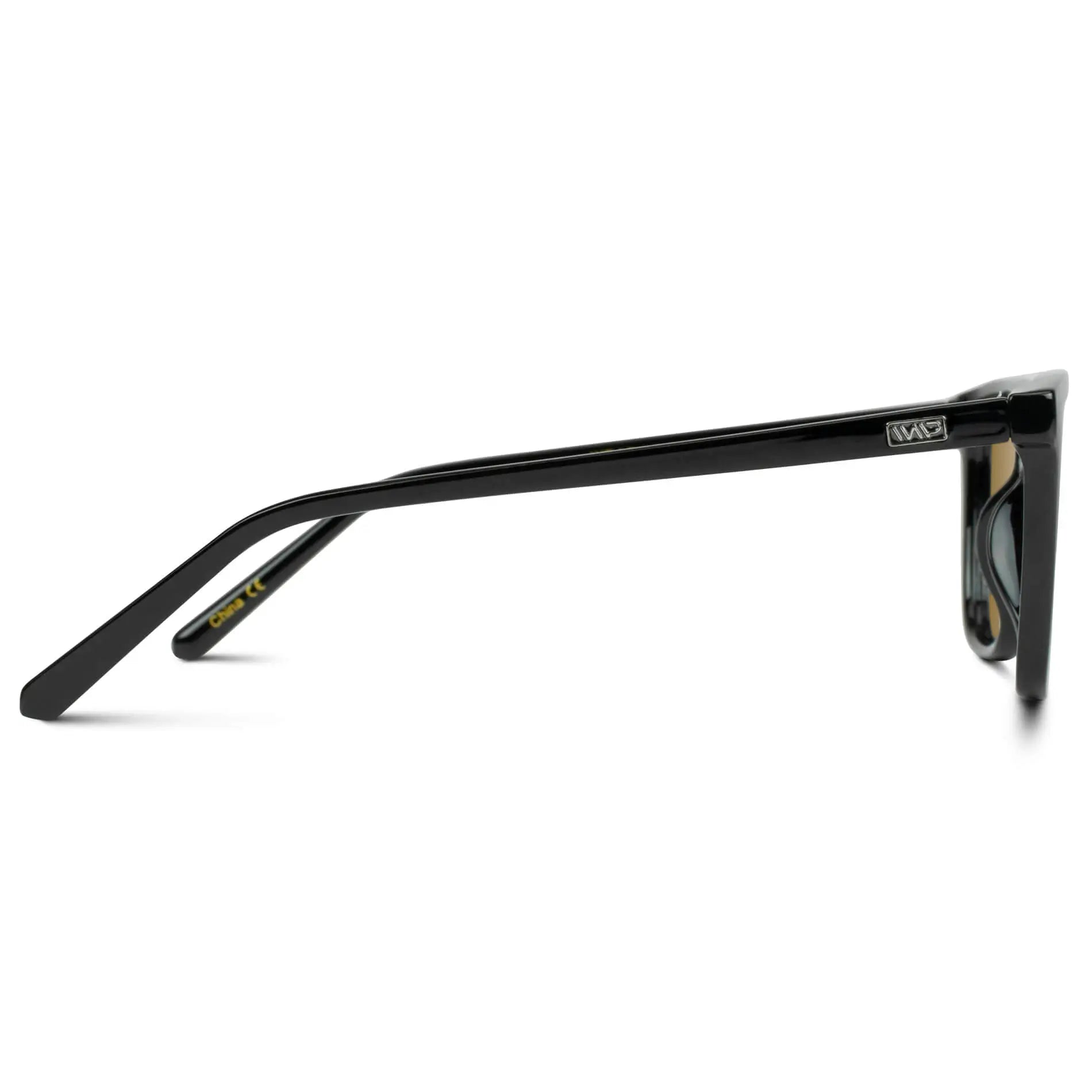 Black / Amber || Temple view of Men's Square Prescription Sunglasses with Black Frame and Amber Lenses on a white background