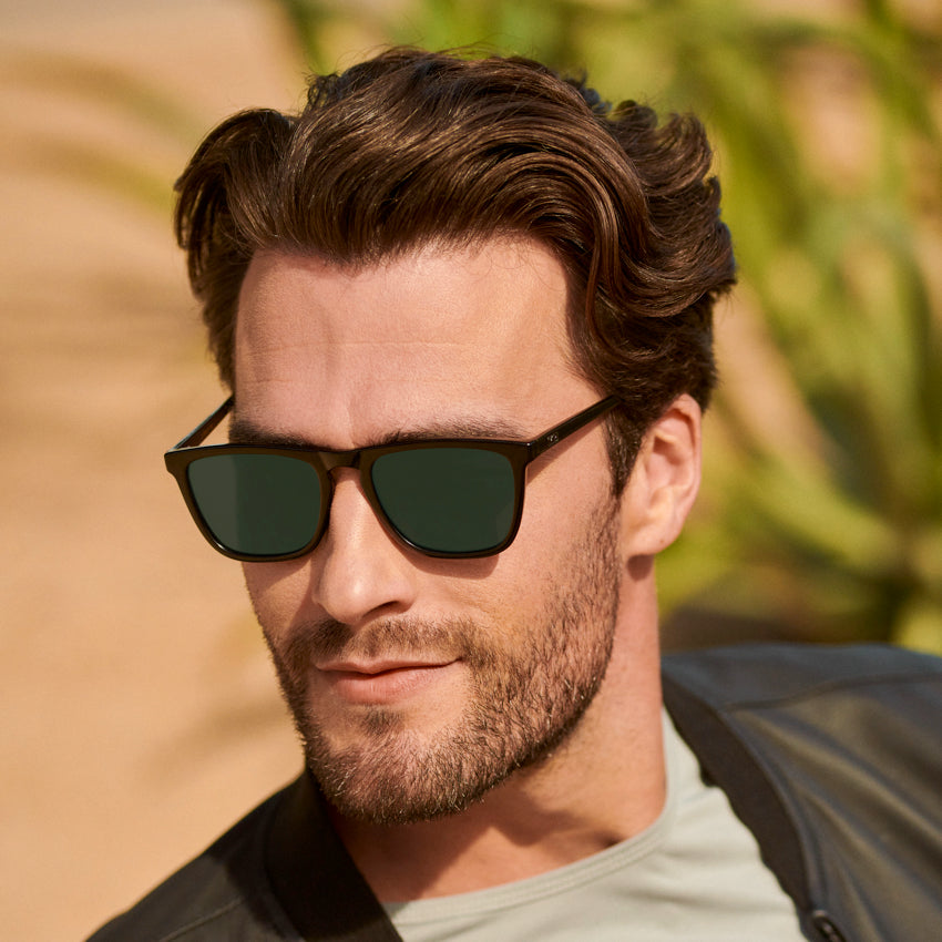 Black / G15 Lens || Black Square Frame Prescription Sunglasses with Green Lenses