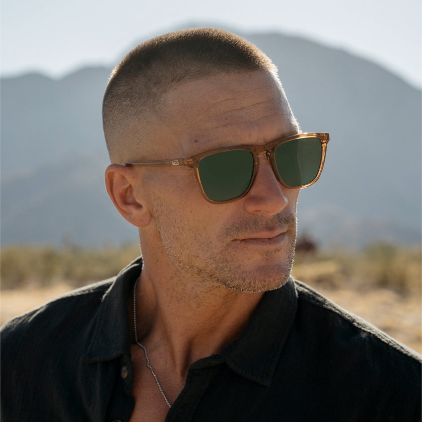 Crystal Brown / G15 Lens || Brown Square Frame Prescription Sunglasses with Green Lenses