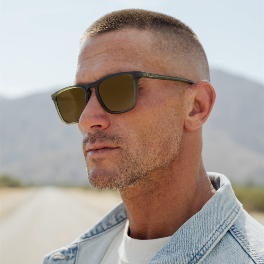 Frosted Saguaro Green / Amber Lens || Green Square Frame Prescription Sunglasses with Brown Lenses