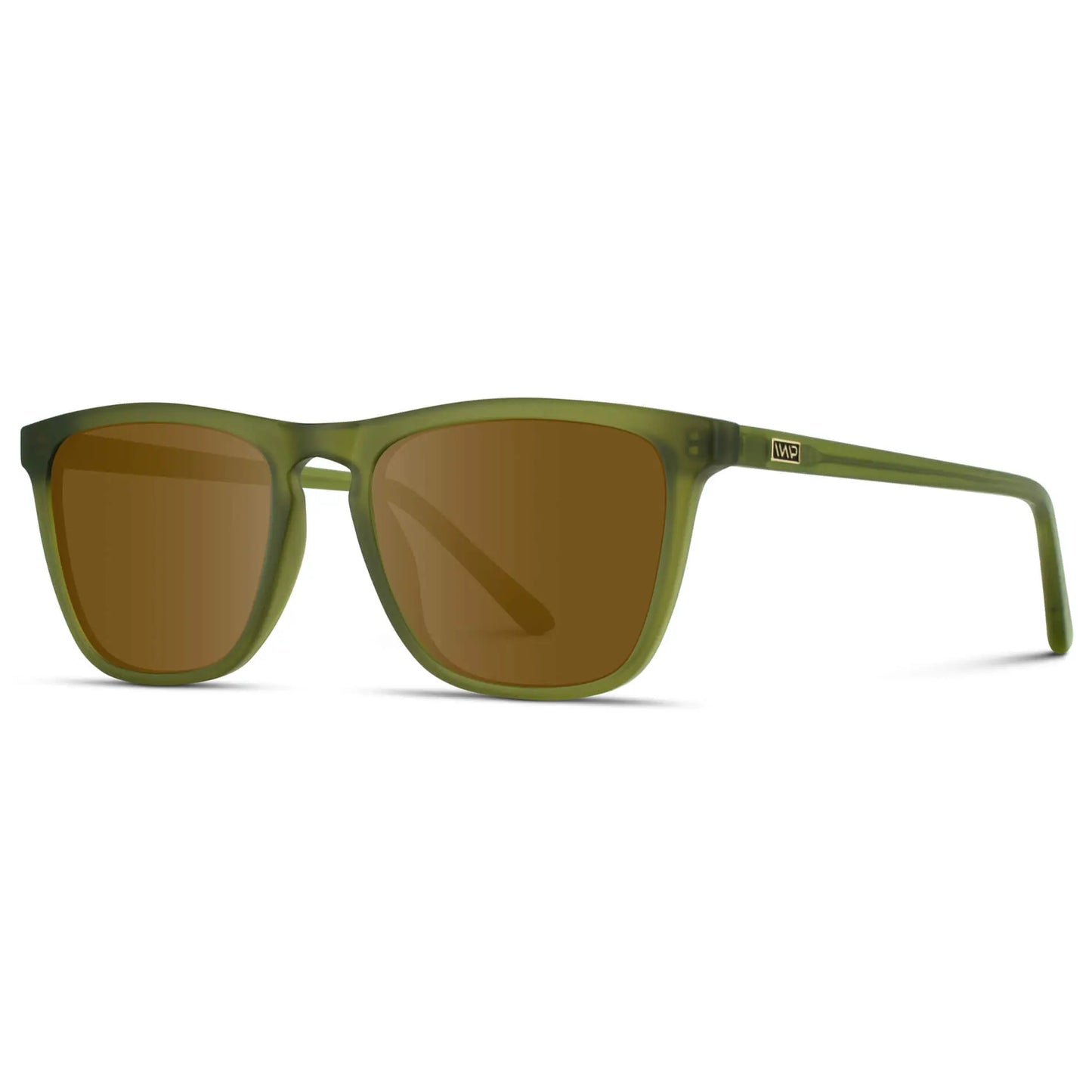 Frosted Saguaro Green / Amber || Side view of Men's Square Prescription Sunglasses with Frosted Saguaro Green Frame and Amber Lenses on a white background