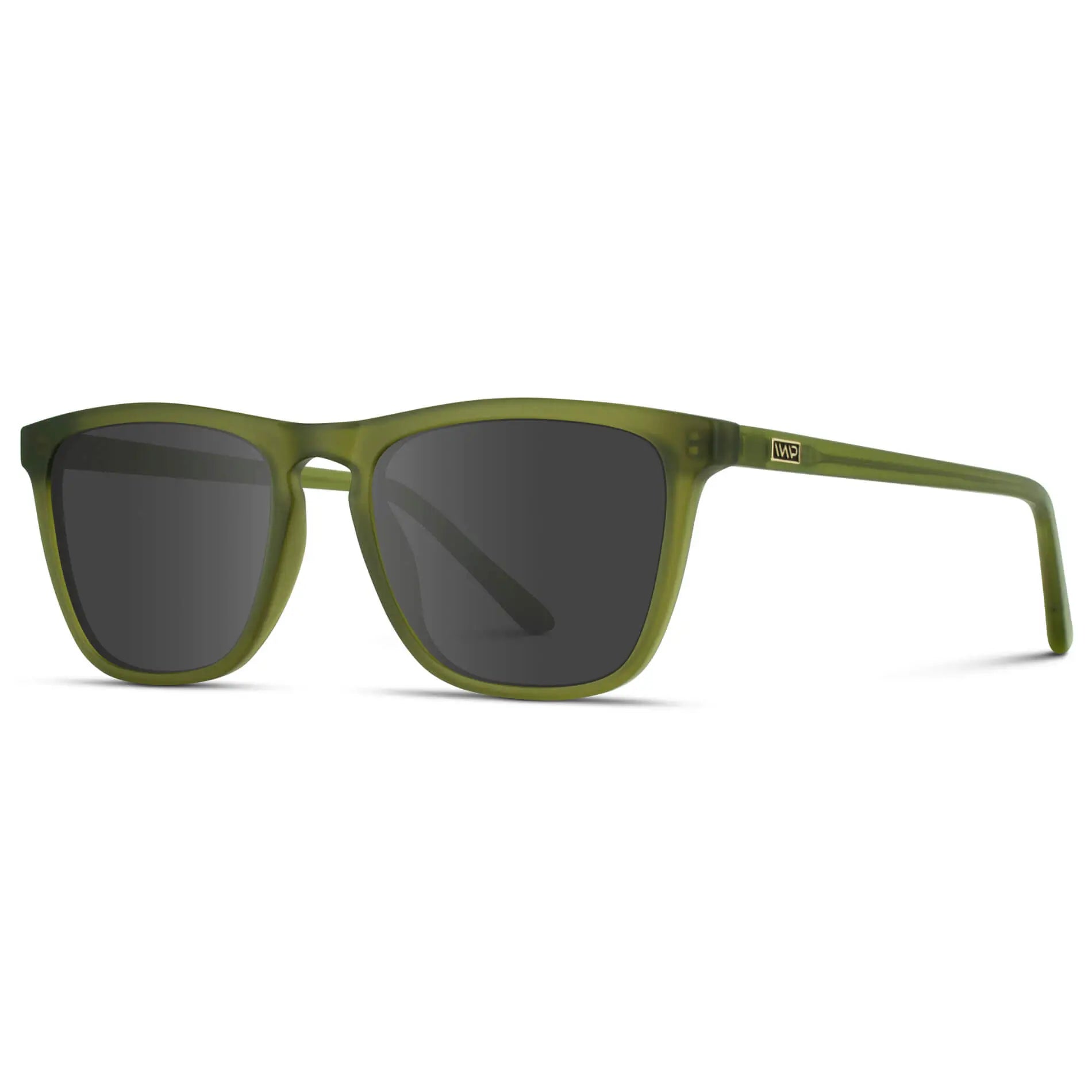 Frosted Saguaro Green / Grey || Side view of Men's Square Prescription Sunglasses with Frosted Saguaro Green Frame and Grey Lenses on a white background