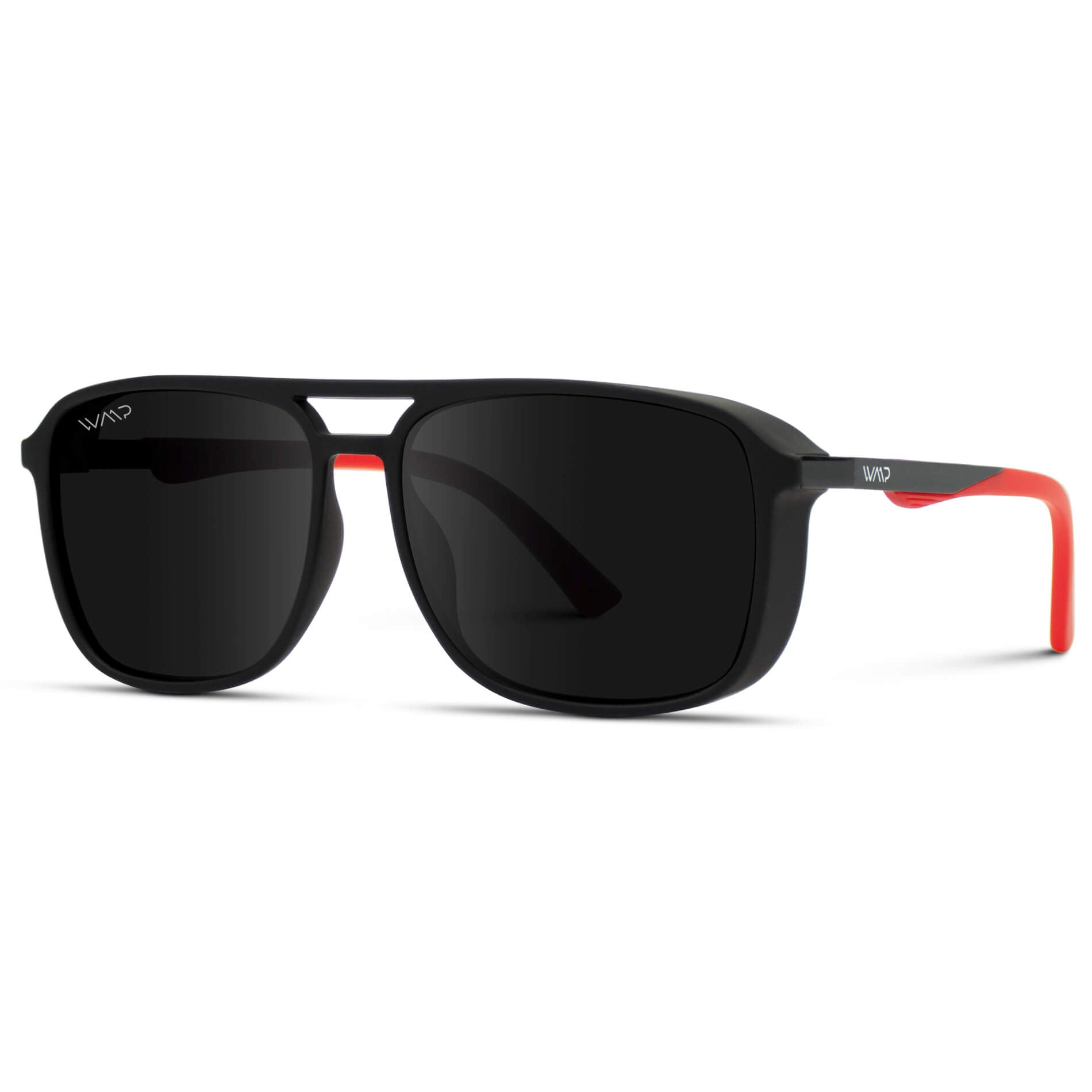 Black Frame/Red Tips || Black Square Aviator Sunglasses with Black Polarized Lenses
