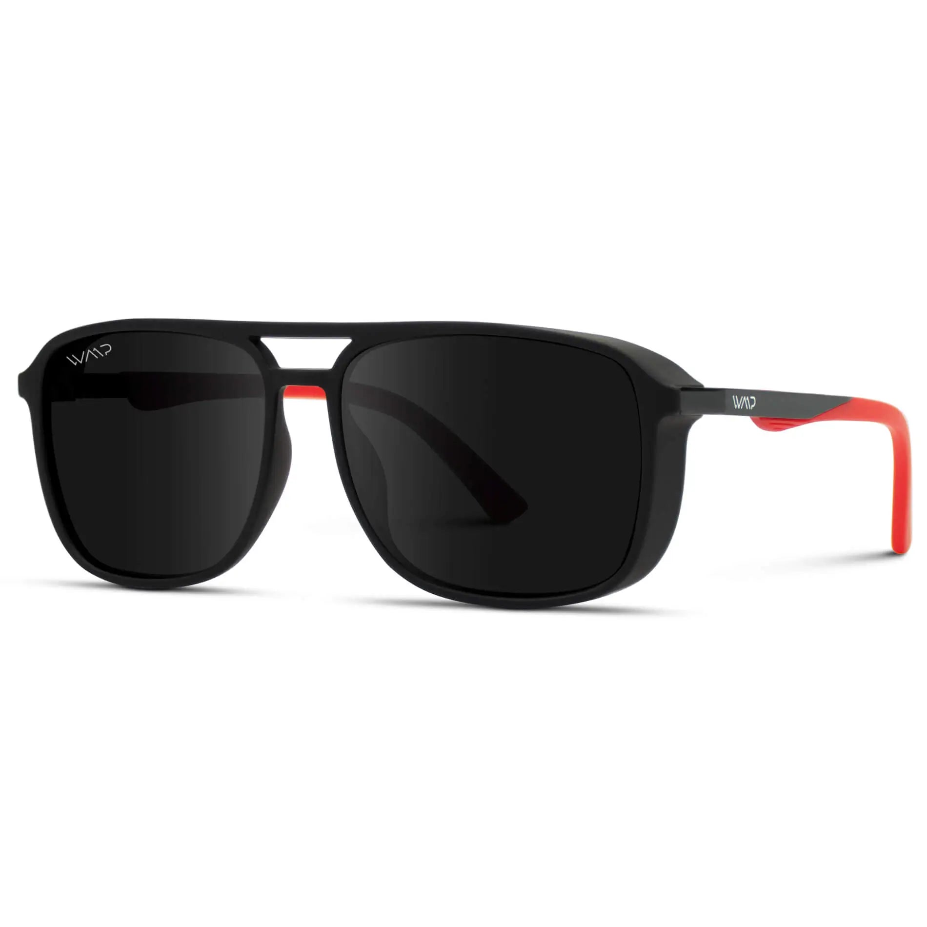Black Frame/Red Tips || Black Square Aviator Red-Tipped Sunglasses with Black Polarized Lenses