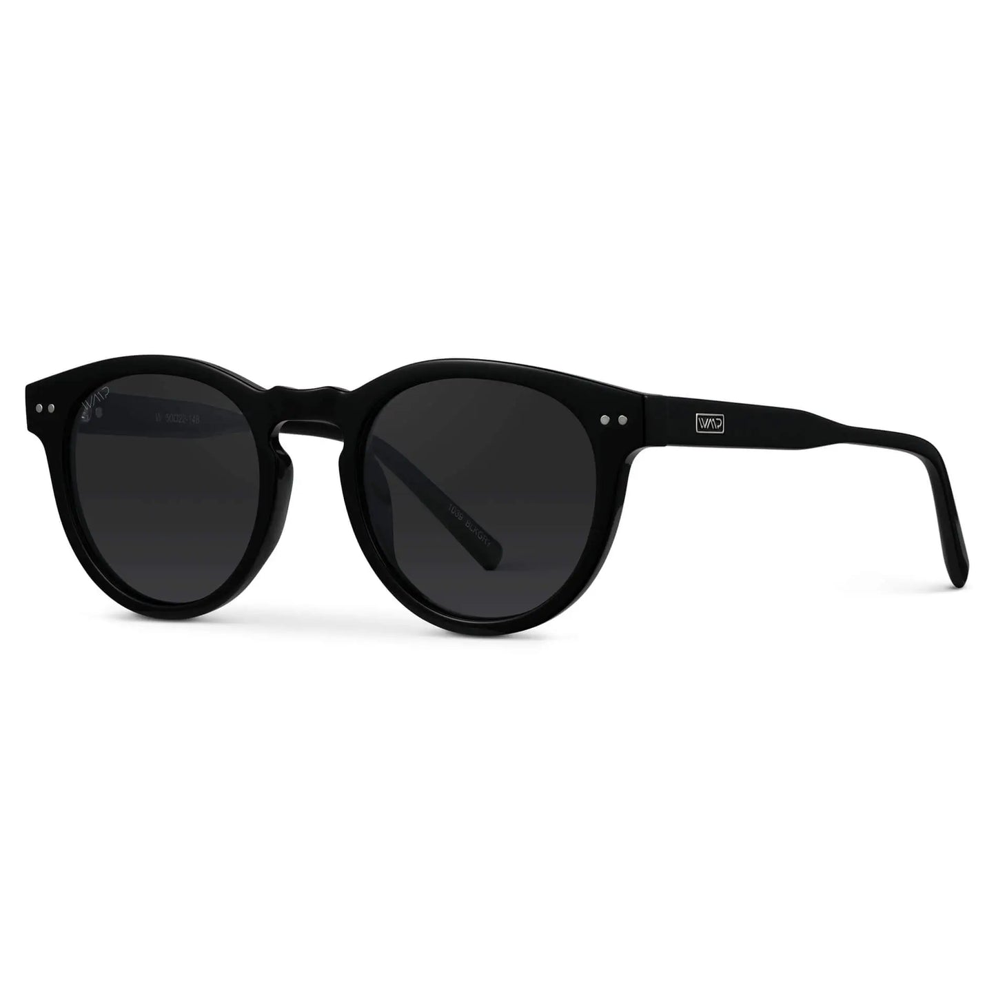 Brown Case || Classic black round frame sunglasses with dark tinted lenses on a white background