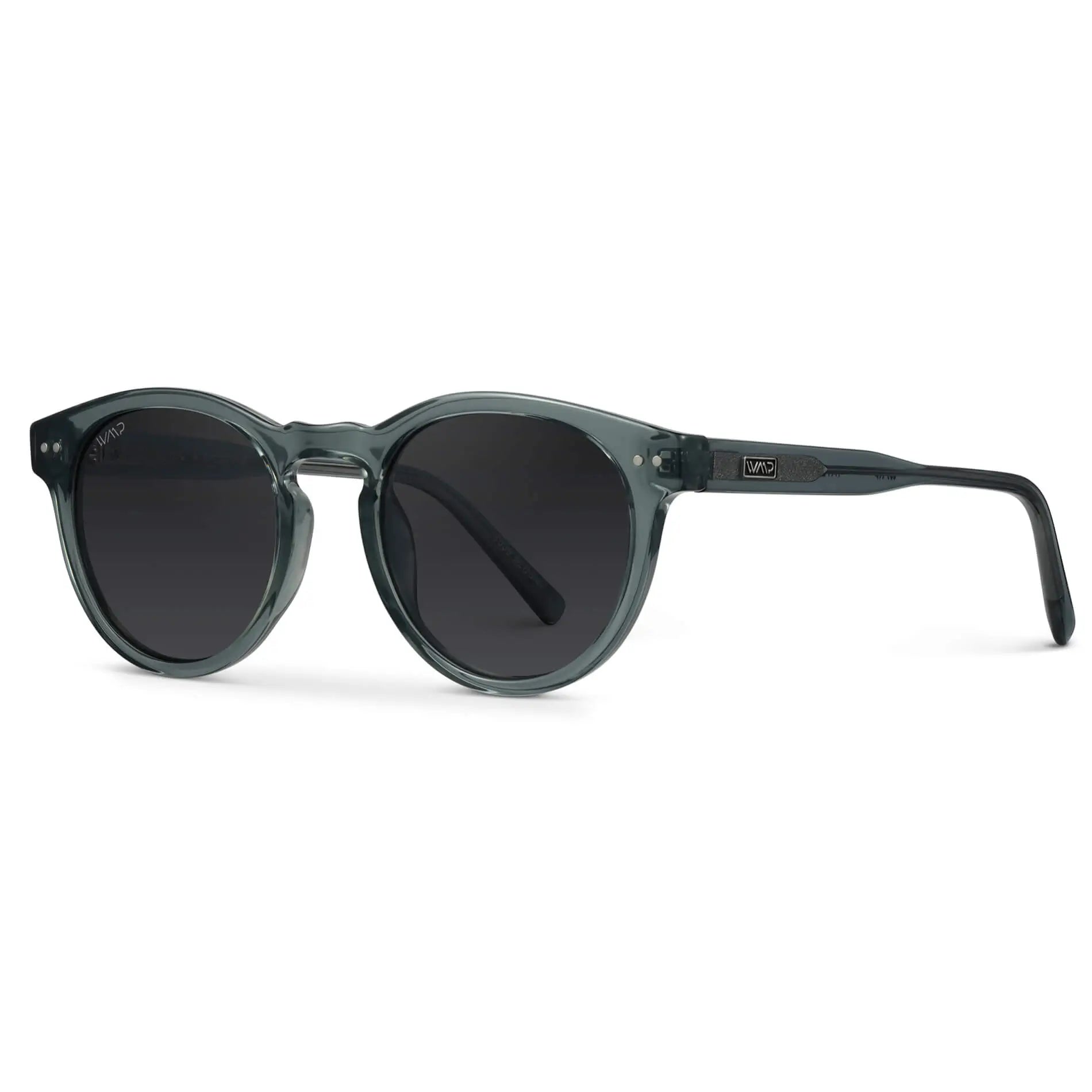 Black Case || Round frame sunglasses with translucent dark gray frames and black lenses on white background