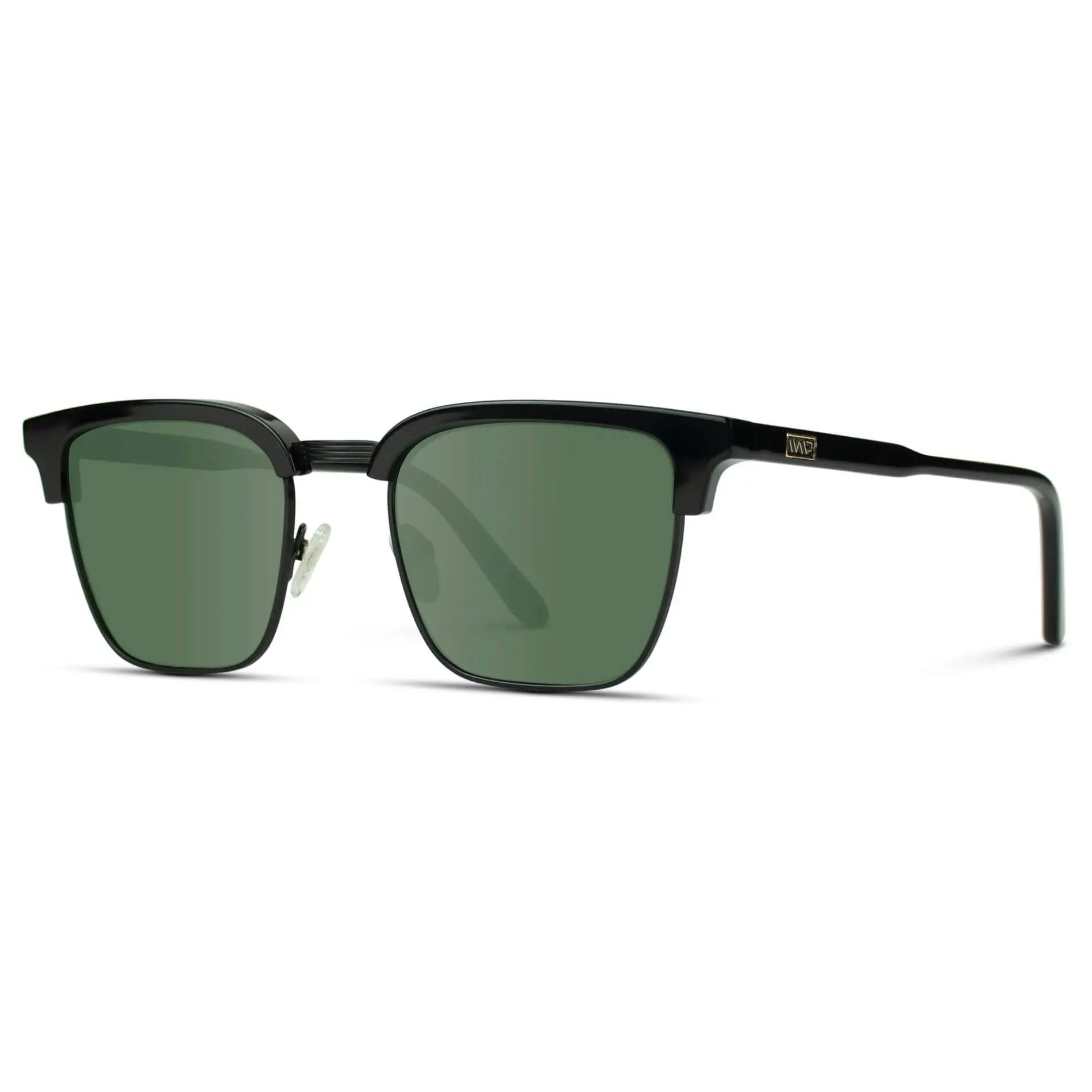 Black / Smoke Green Lens || Retro Black Browline Sunglasses with Green Polarized Lenses