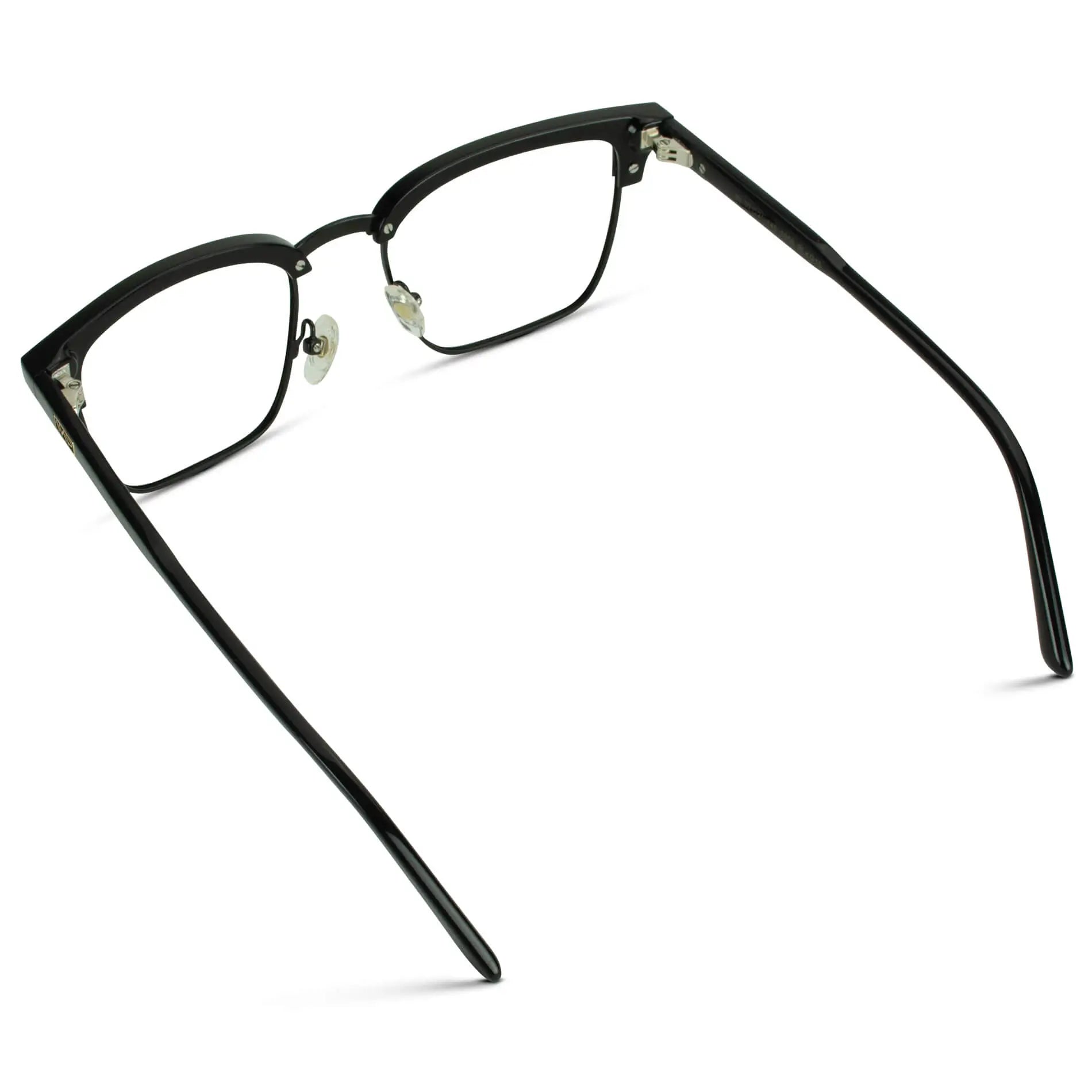 Black || Back view of Men's Horn Rimmed Prescription Glasses with Black Frame and Clear Lenses on a white background