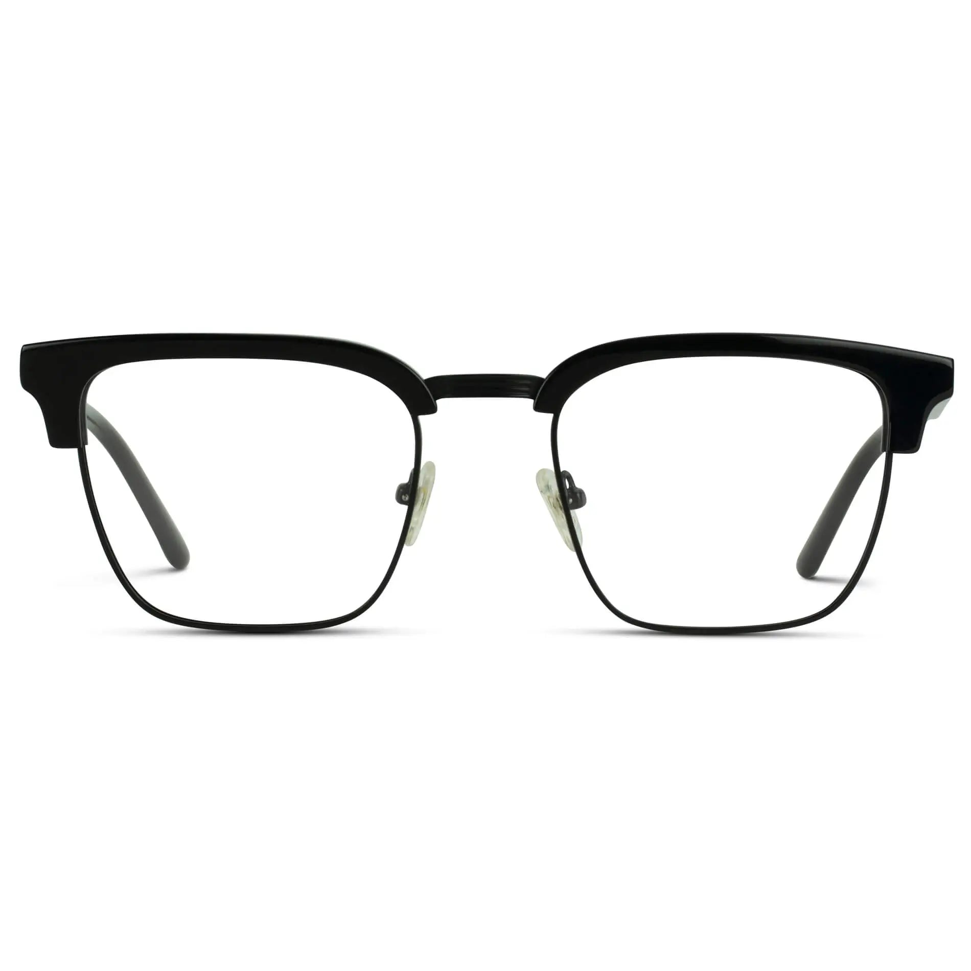 Black || Men's Horn Rimmed Prescription Glasses with Black Frame and Clear Lenses on a white background