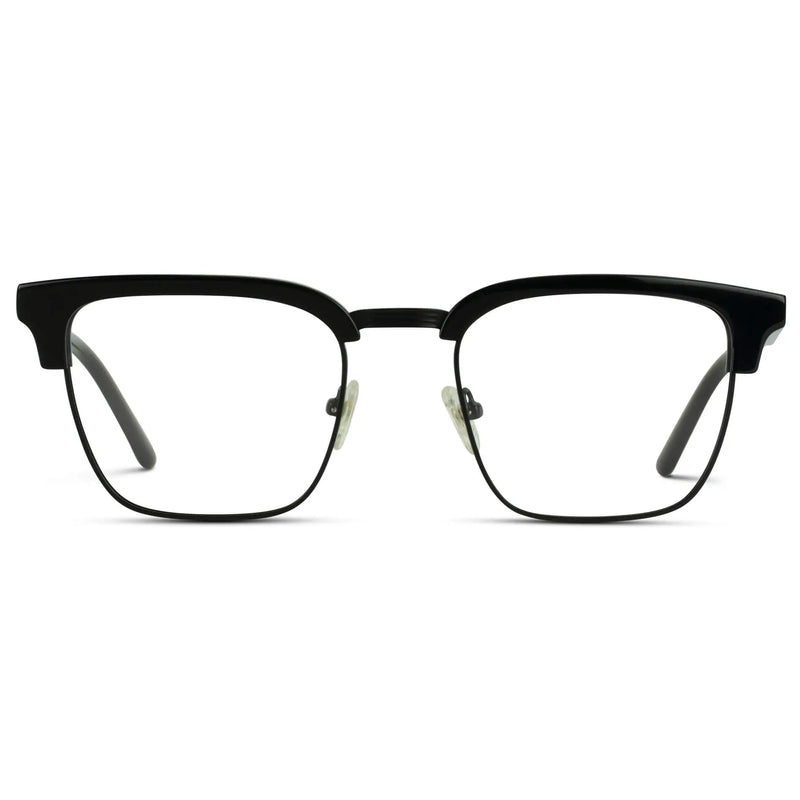 Black || Men's Horn Rimmed Prescription Glasses with Black Frame and Clear Lenses on a white background