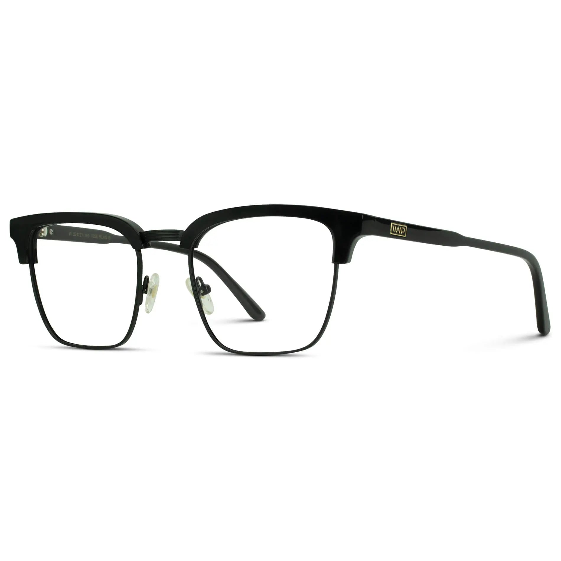 Black || Side view of Men's Horn Rimmed Prescription Glasses with Black Frame and Clear Lenses on a white background