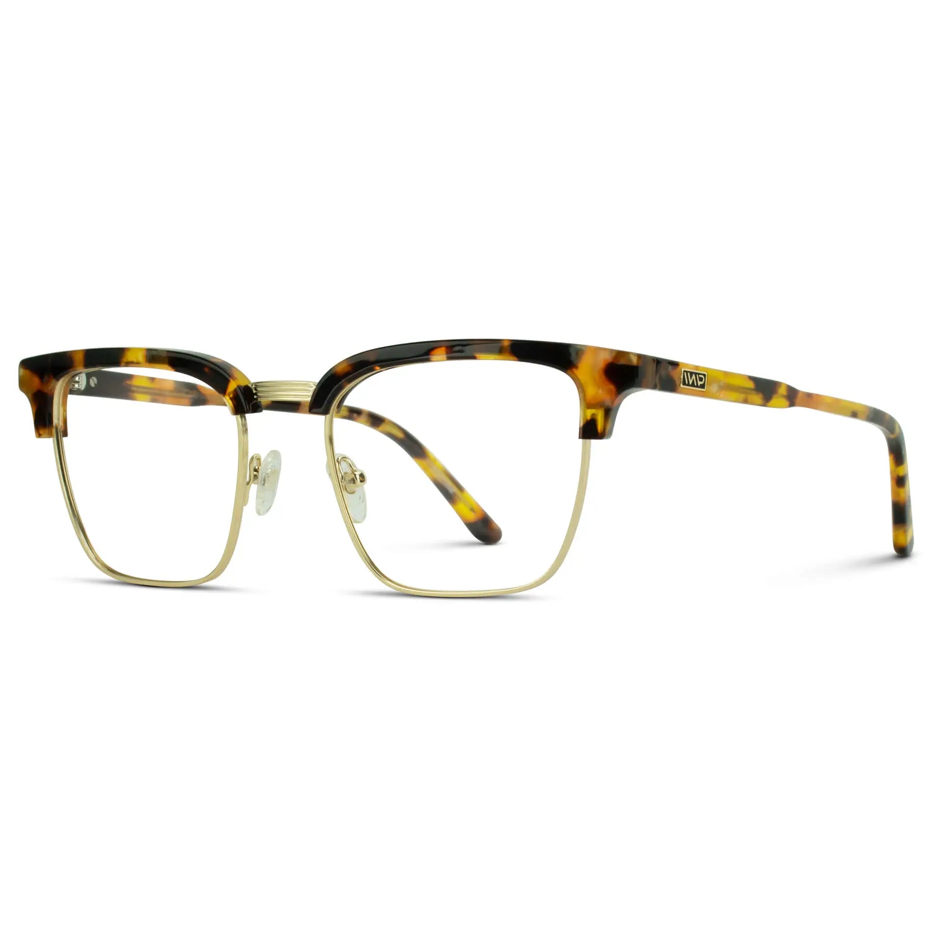 Blaze Tortoise || Side view of Men's Horn Rimmed Prescription Glasses with Blaze Tortoise Frame and Clear Lenses on a white background