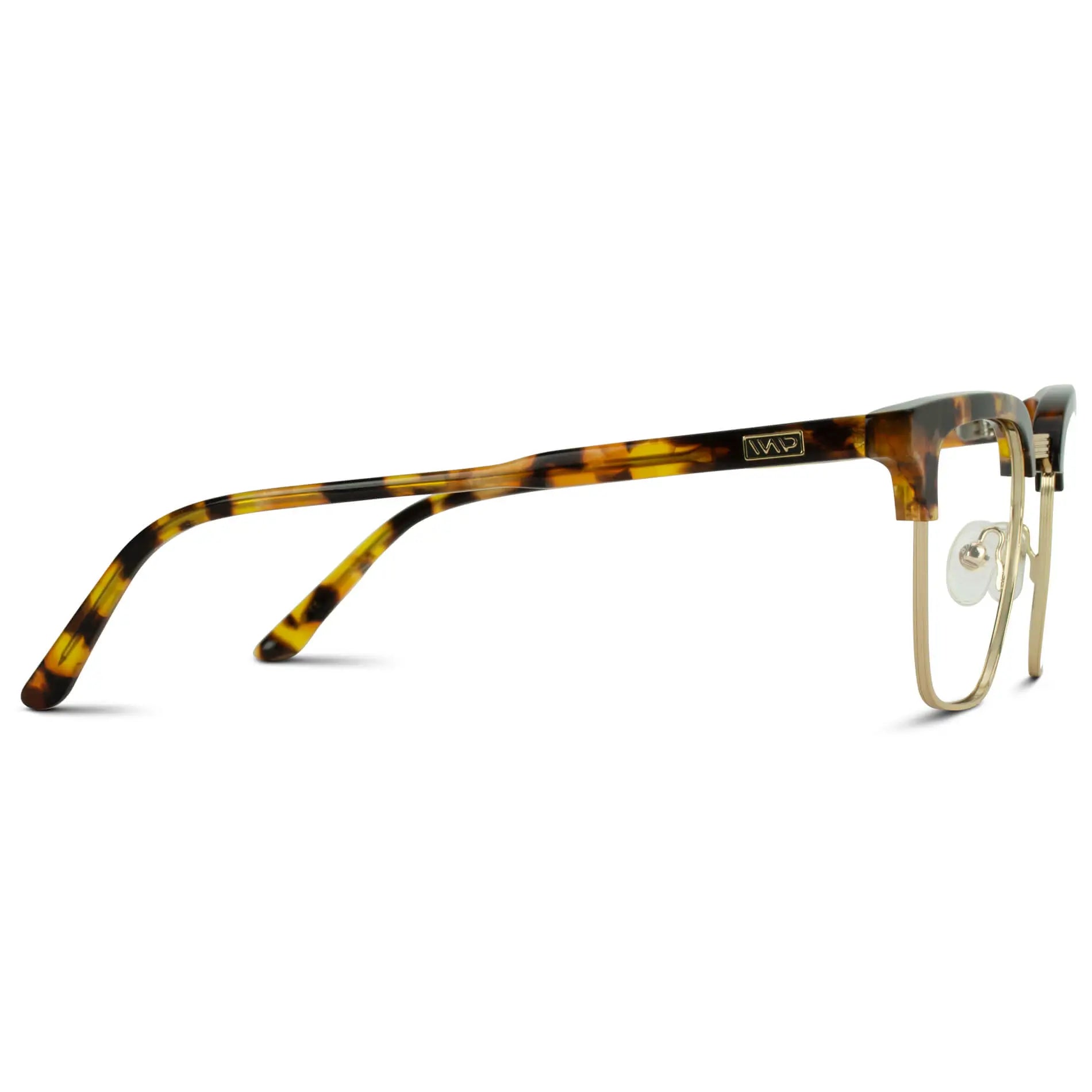 Blaze Tortoise || Temple view of Men's Horn Rimmed Prescription Glasses with Blaze Tortoise Frame and Clear Lenses on a white background