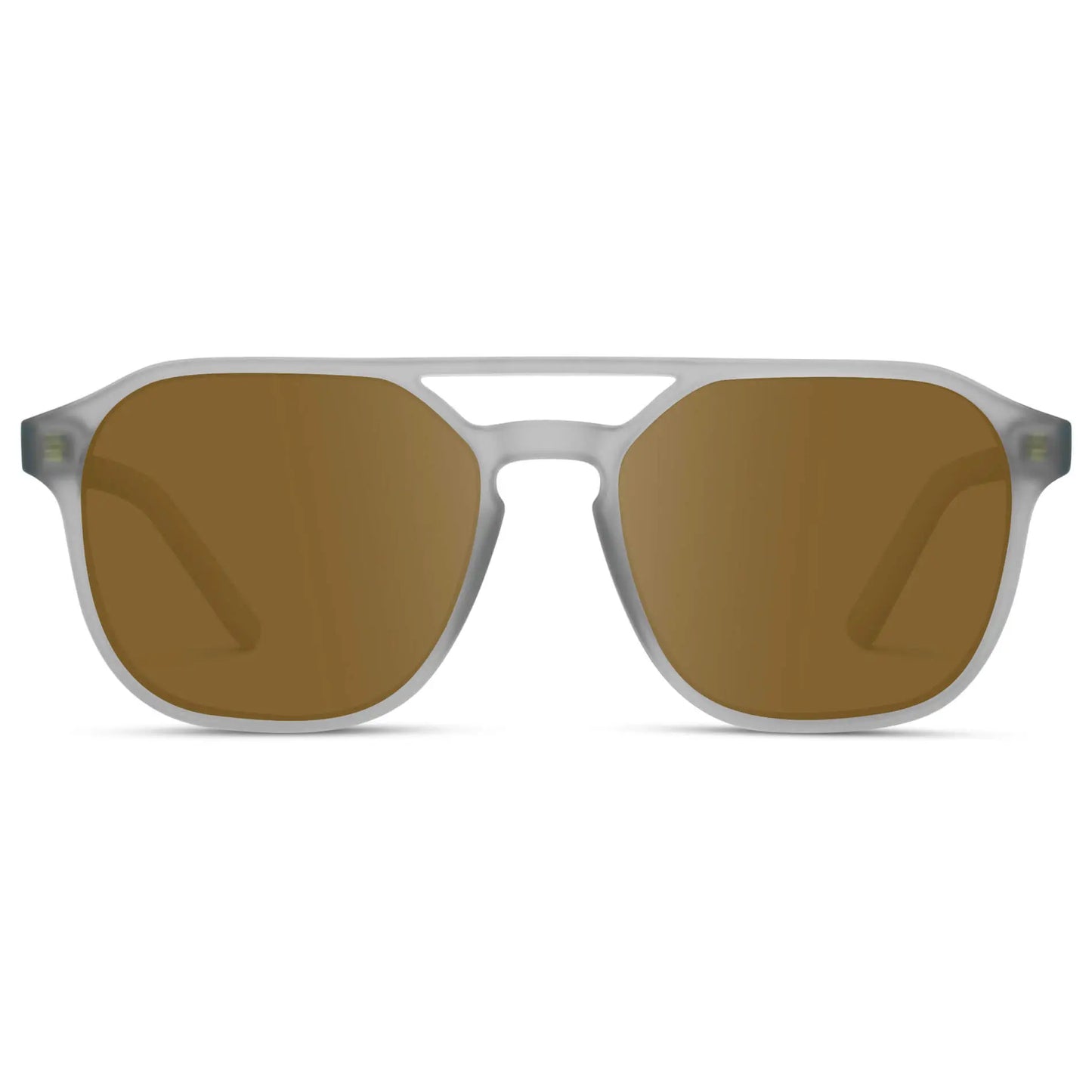 Moonrock Grey / Amber || Double Bridge Geometric Square Prescription Sunglasses with Grey Acetate Frame and Amber Lenses on a white background