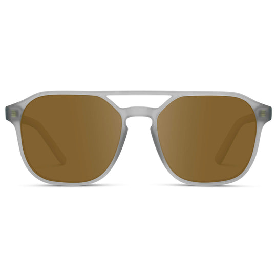 Moonrock Grey / Amber || Double Bridge Geometric Square Prescription Sunglasses with Grey Acetate Frame and Amber Lenses