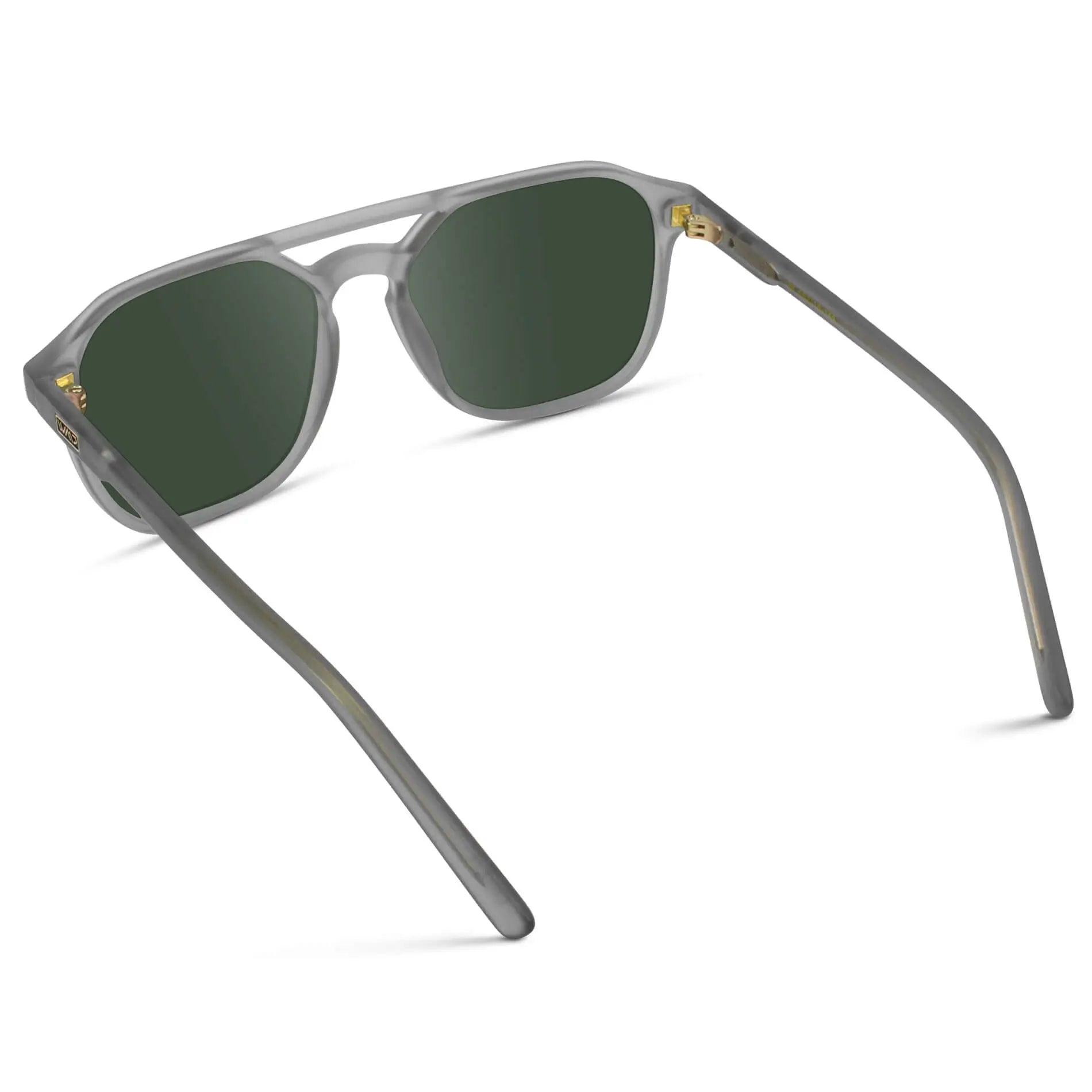 Moonrock Grey / G15 || Back view of Double Bridge Geometric Square Prescription Sunglasses with Grey Acetate Frame and Green Lenses on a white background