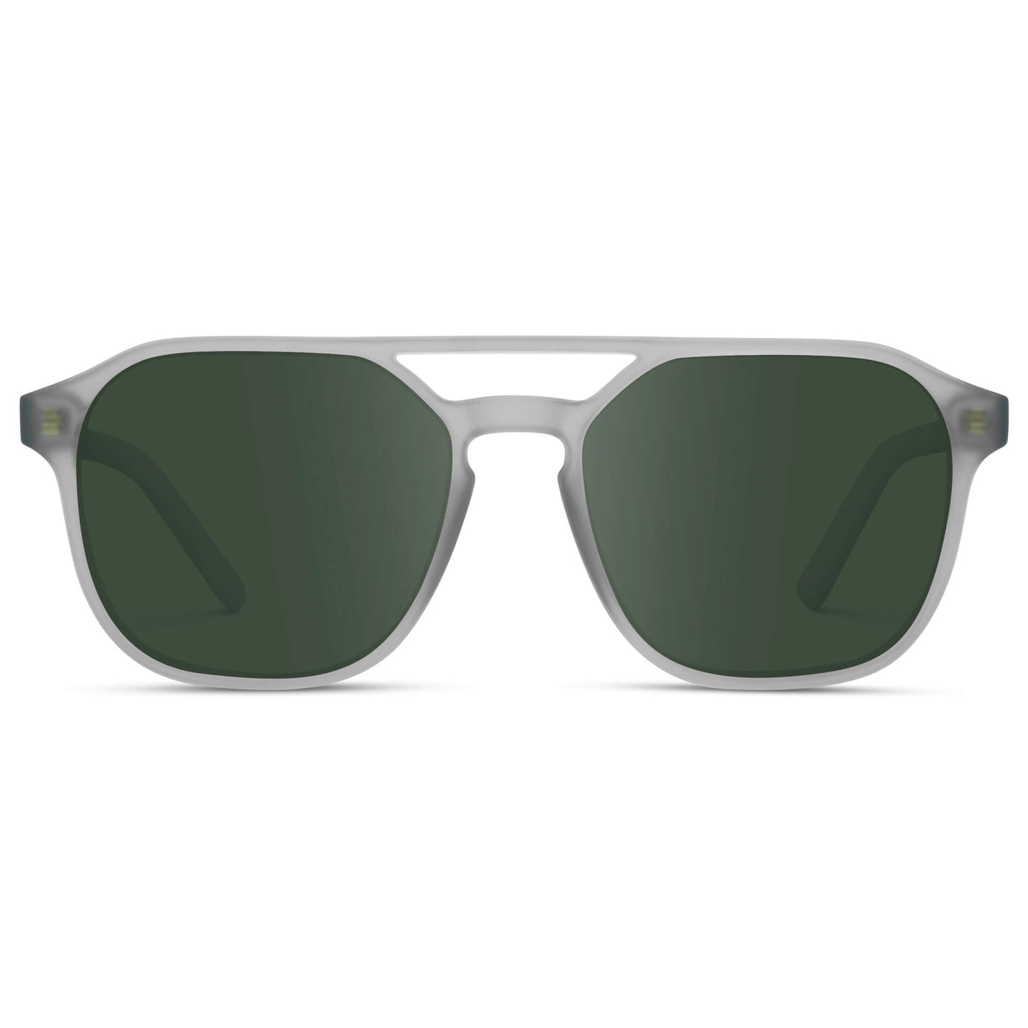 Moonrock Grey / G15 || Double Bridge Geometric Square Prescription Sunglasses with Grey Acetate Frame and Green Lenses