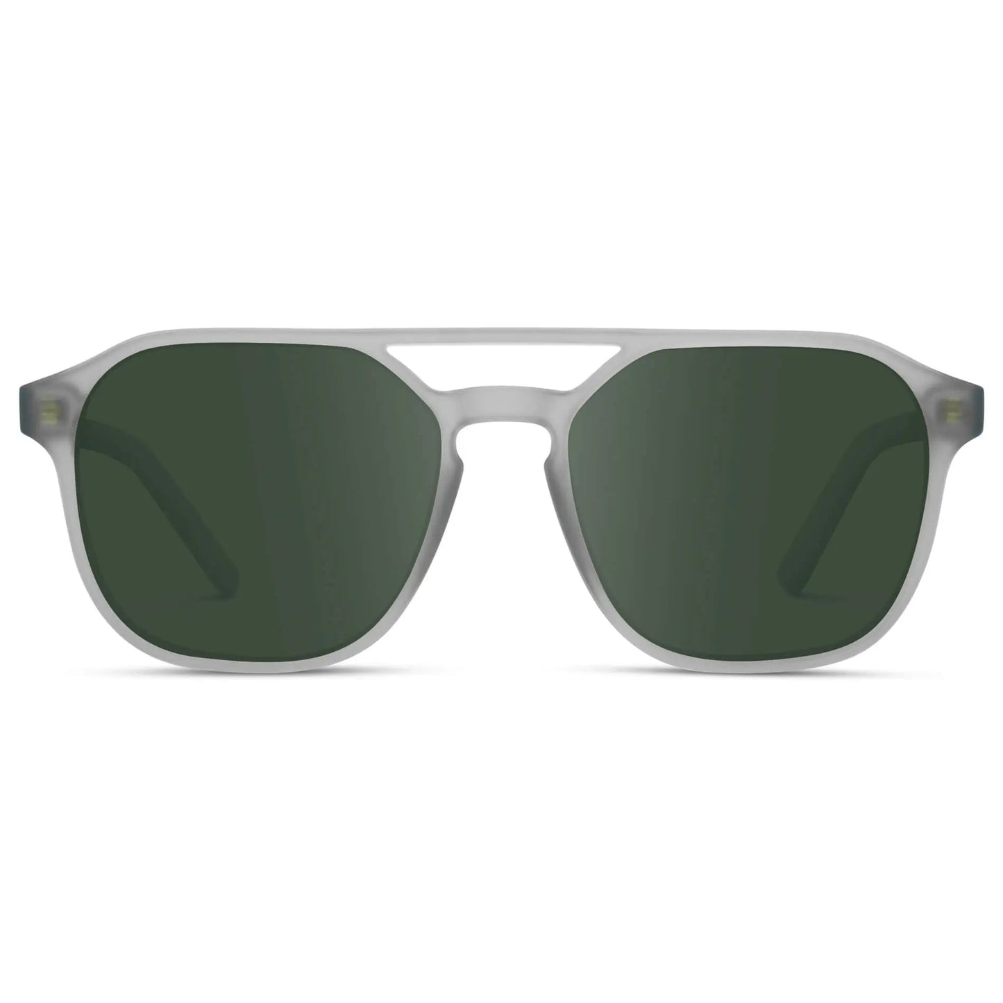 Moonrock Grey / G15 || Double Bridge Geometric Square Prescription Sunglasses with Grey Acetate Frame and Green Lenses on a white background