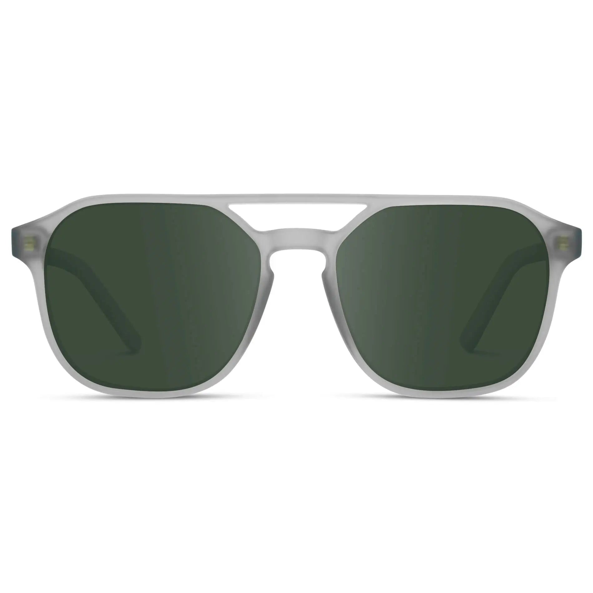 Moonrock Grey / G15 || Double Bridge Geometric Square Prescription Sunglasses with Grey Acetate Frame and Green Lenses on a white background