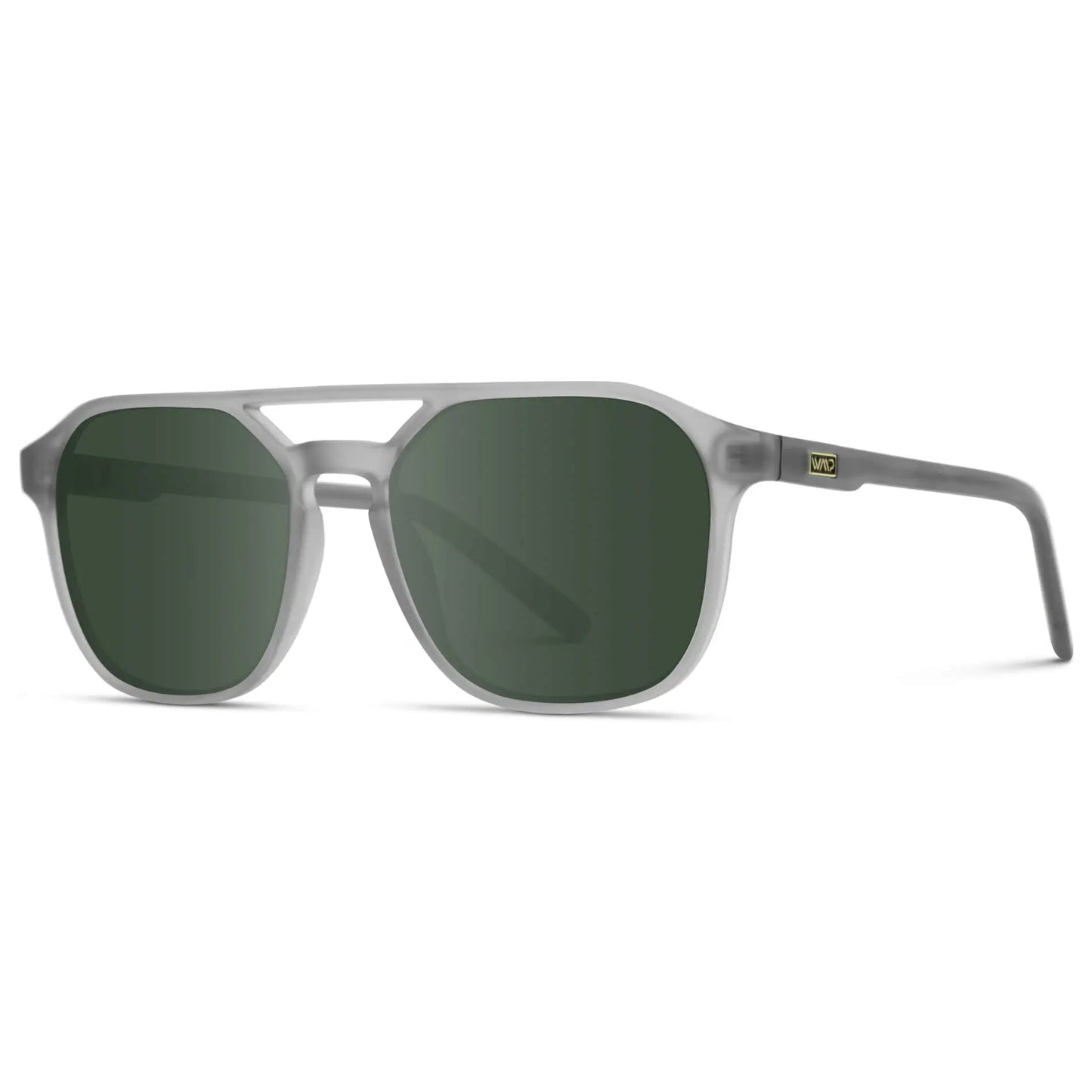 Moonrock Grey / G15 || Side view of Double Bridge Geometric Square Prescription Sunglasses with Grey Acetate Frame and Green Lenses on a white background