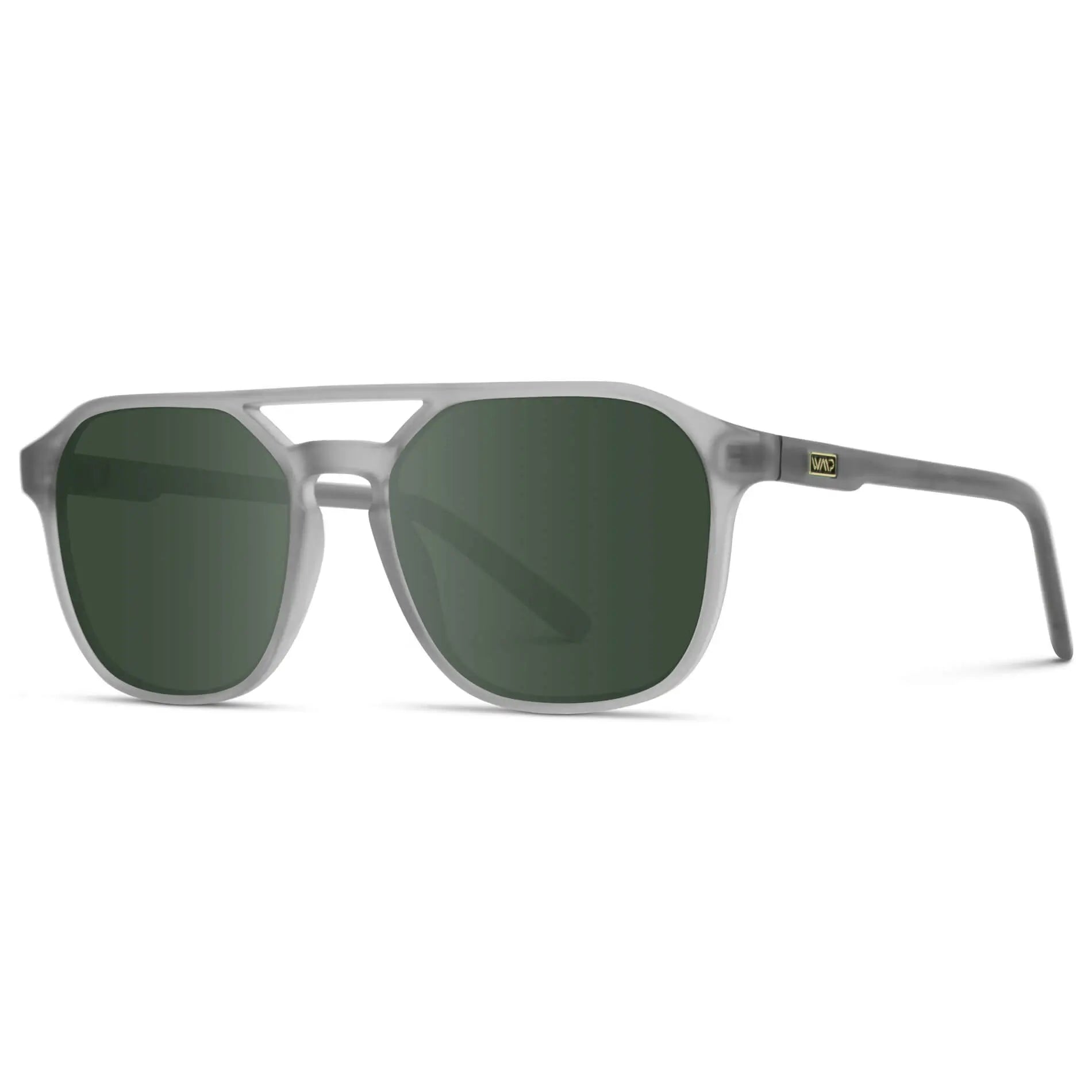 Moonrock Grey / G15 || Side view of Double Bridge Geometric Square Prescription Sunglasses with Grey Acetate Frame and Green Lenses on a white background
