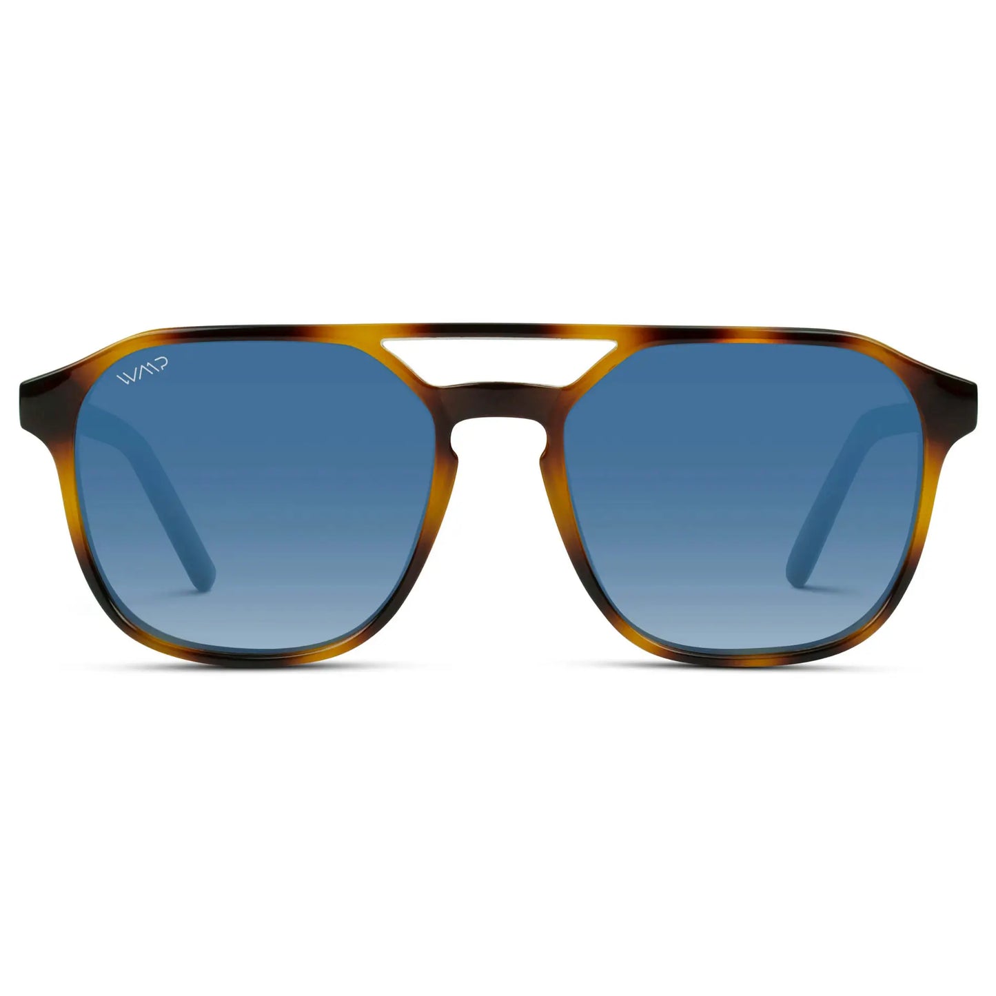 Whiskey Brown Tortoise / Blue Gradient Lens || Modern Square Double Bridge Aviator Sunglasses with Blue Polarized Lenses