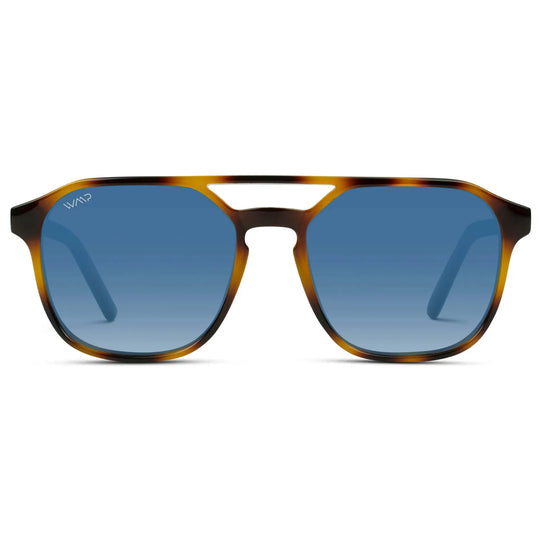 Whiskey Brown Tortoise / Blue Gradient Lens || Modern Square Double Bridge Aviator Sunglasses with Blue Polarized Lenses