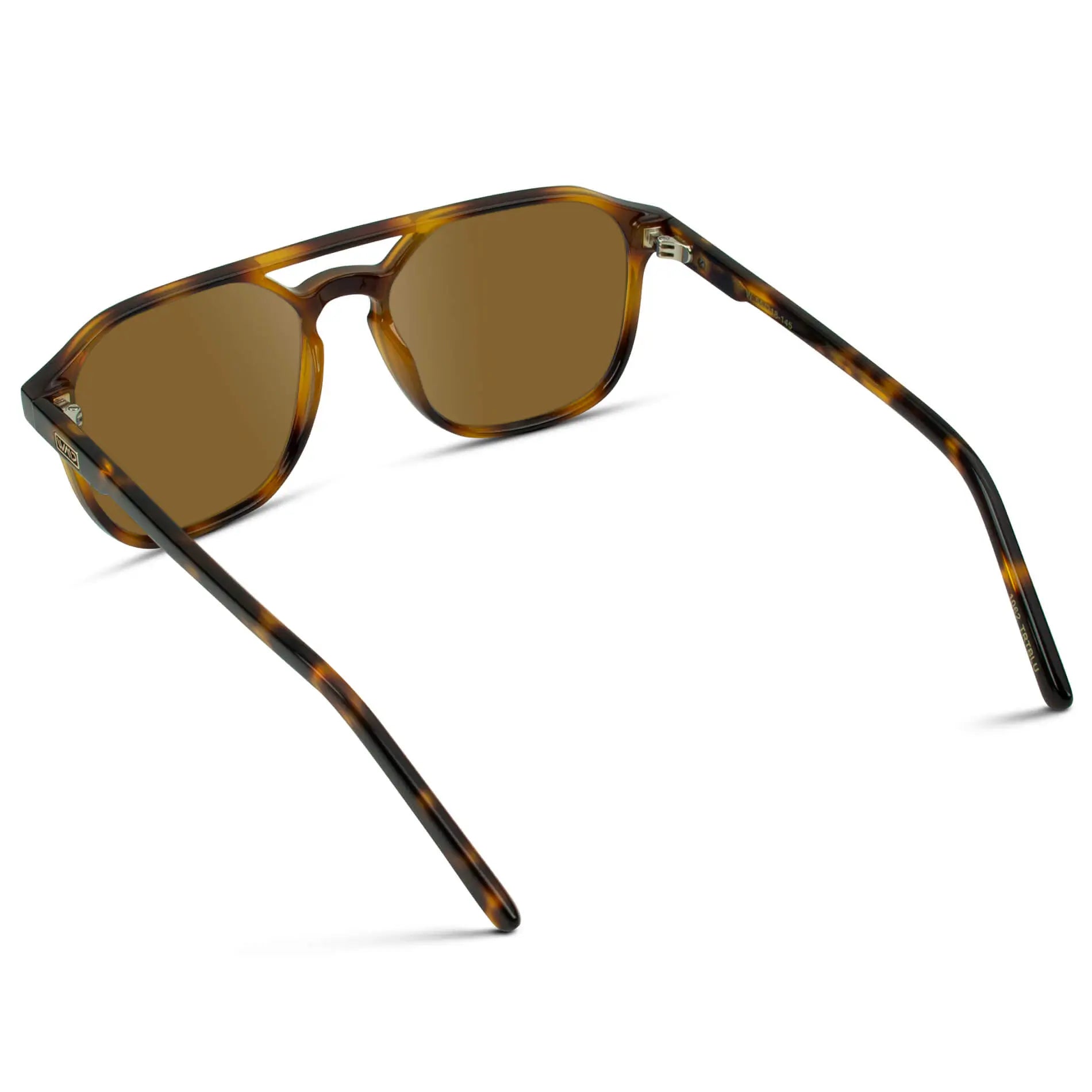 Whiskey Brown Tortoise / Amber || Back view of Double Bridge Geometric Square Prescription Sunglasses with Brown Tortoise Acetate Frame and Amber Lenses on a white background