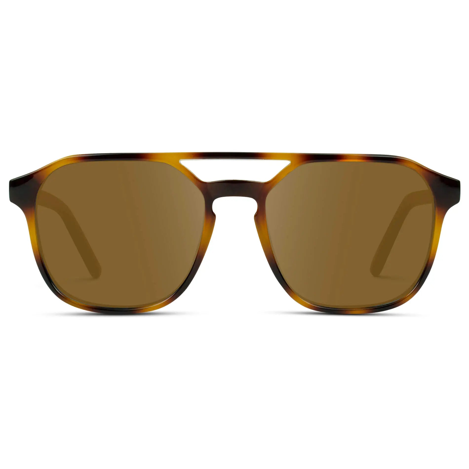 Whiskey Brown Tortoise / Amber || Double Bridge Geometric Square Prescription Sunglasses with Brown Tortoise Acetate Frame and Amber Lenses on a white background