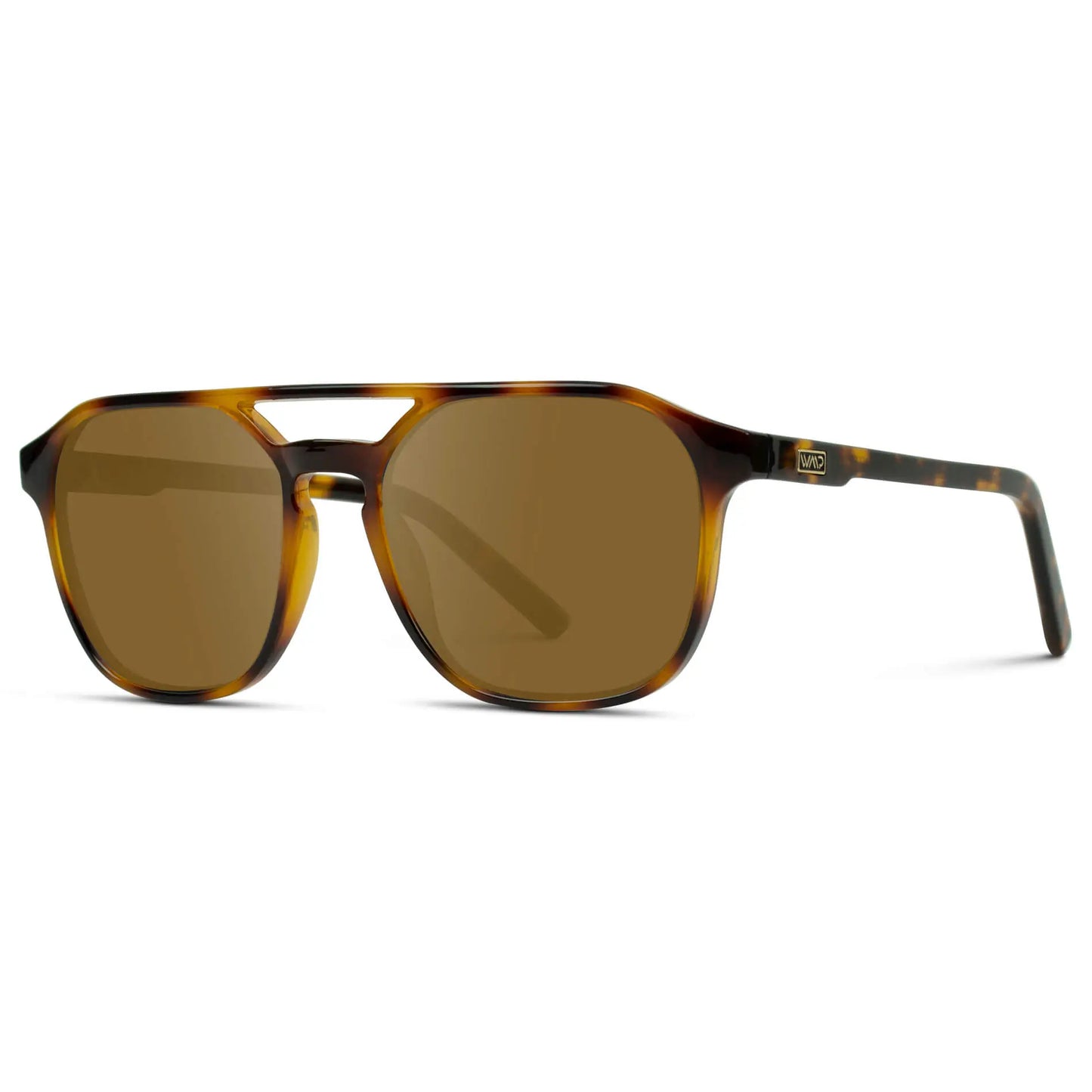Whiskey Brown Tortoise / Amber || Side view of Double Bridge Geometric Square Prescription Sunglasses with Brown Tortoise Acetate Frame and Amber Lenses on a white background