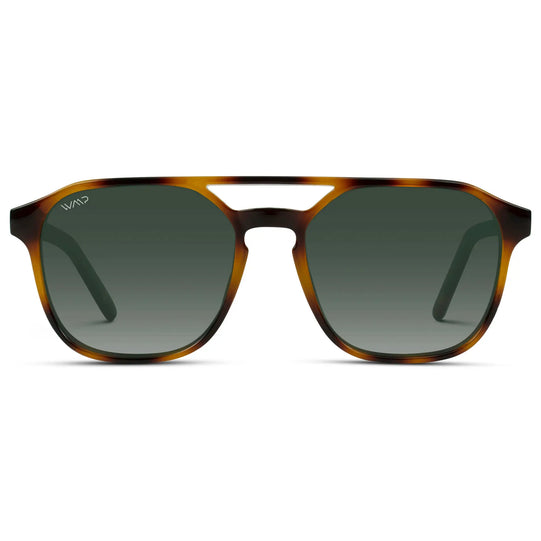 Whiskey Brown Tortoise / Smoke Green Gradient Lens || Modern Square Double Bridge Aviator Sunglasses with Green Polarized Lenses